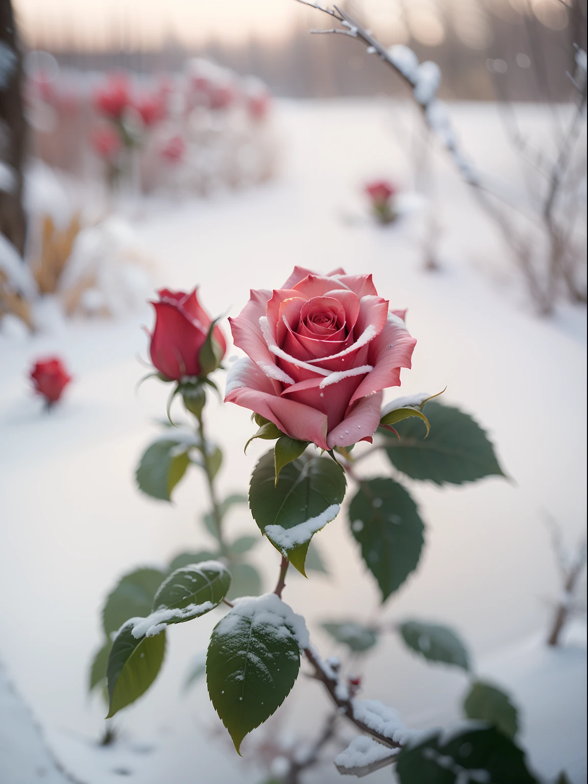Enlarge a single rose, Red roses grow on the bushes, Leaves and petals are covered with dust and snow,Shot with Canon 35mm lens, photo of a rose, taken with a pentax k1000, Shot with Pentax 1000, Two 5-mm ports, Shot at Kodak Portra, Rose Twinings, Red Rose, 35mm shot