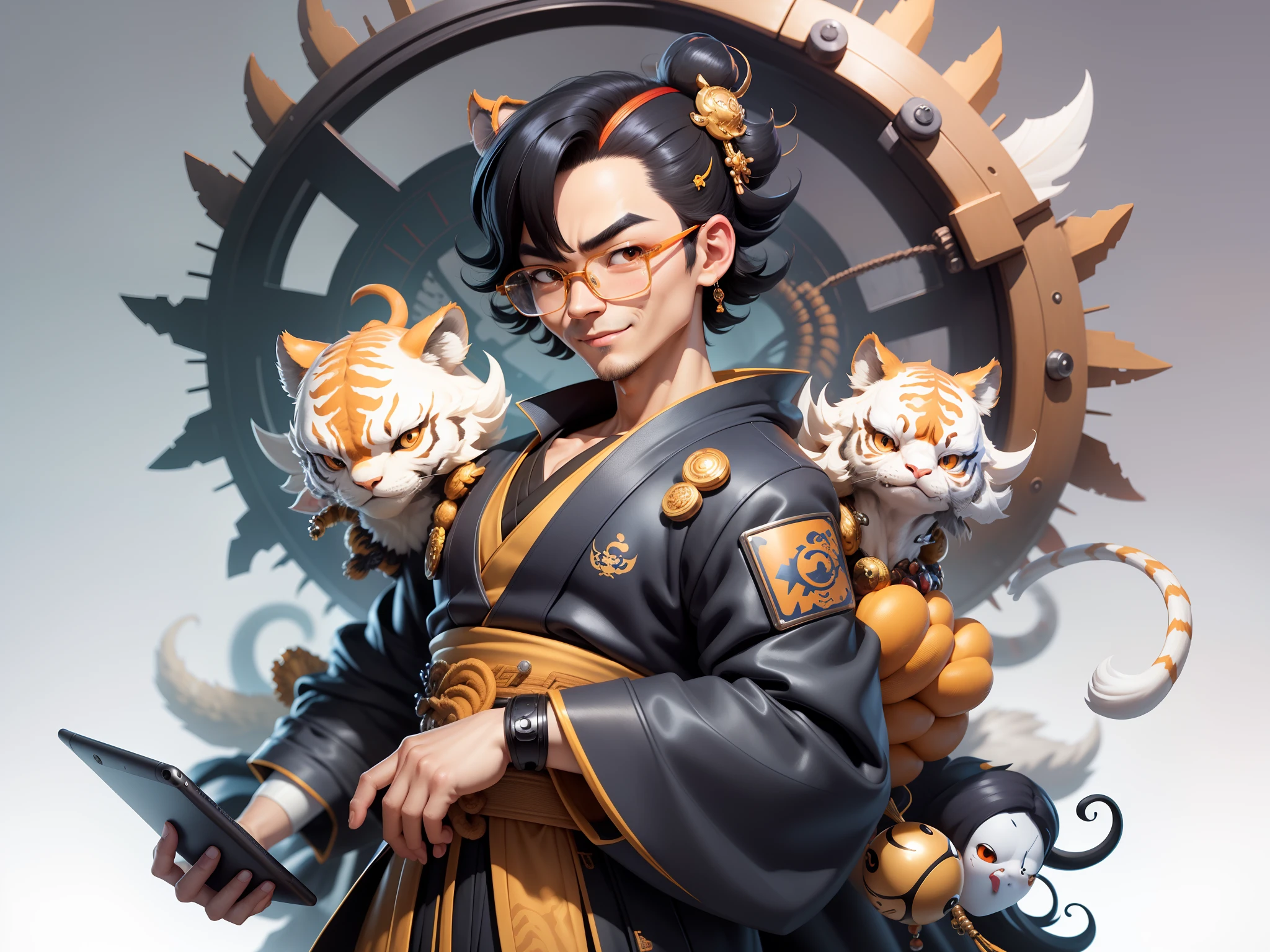(Masterpiece), (Excellent), (Super Meticulous), (Full Body: 1.2), Super Young Man with Japanese Female Geisha, Pretty, Beautiful, Chinese Dragon, Tiger, Wind God Thor, Sexy, Bursting, Oriental Face, TV Anchor, Bust Portrait Illustration, Black Suit, Blue Tie, Slightly Chubby Face, Silver Glasses, Very Clean Face, No Beard on Chin, Black Super Short Hair, Black Eyes, Confident Smile, 3c Computer Sub-Products, iPad, iPhone, Digital Painting, 3D character design by Mark Clairedon and Pixar and Hayao Miyazaki and Akira Toriyama, the illustrations are HD illustrations in 4K resolution with highly detailed facial features and cartoon-style visuals.