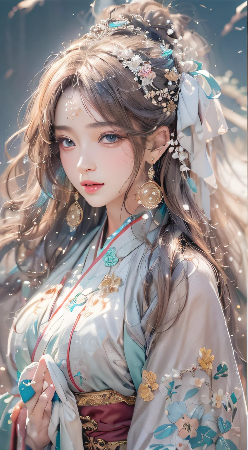 Photorealistic, high resolution, Colorful, colored splashing, Splash, 1 girl, Solo, Hips up, Beautiful eyes, Long hair, Medium breast, Intricate damask Hanfu, Gorgeous accessories, Wearing pearl earrings