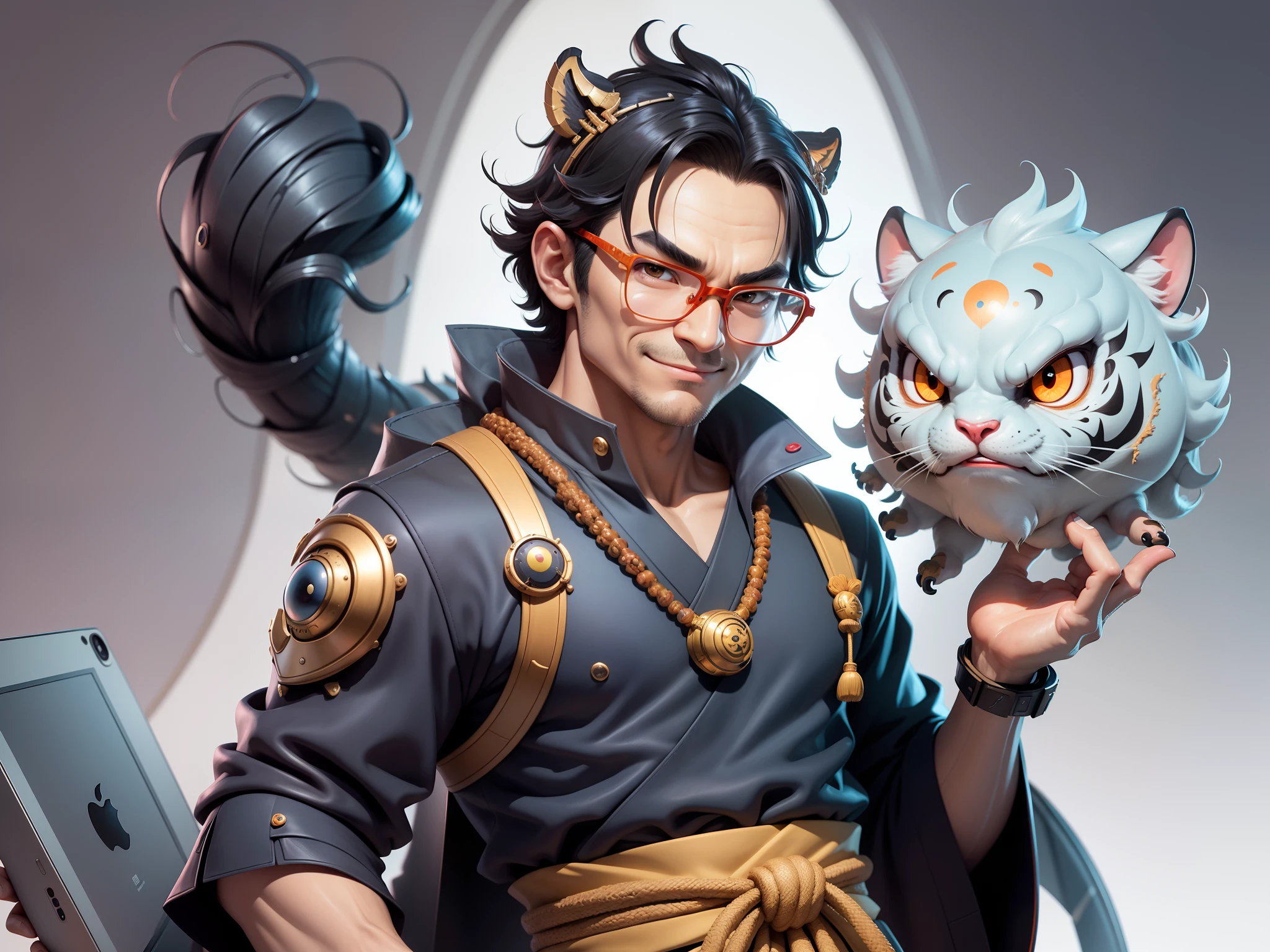 (Masterpiece), (Excellent), (Super Meticulous), (Full Body: 1.2), Super Young Man with Japanese Female Geisha, Pretty, Beautiful, Chinese Dragon, Tiger, Wind God Thor, Sexy, Bursting, Oriental Face, TV Anchor, Bust Portrait Illustration, Black Suit, Blue Tie, Slightly Chubby Face, Silver Glasses, Very Clean Face, No Beard on Chin, Black Super Short Hair, Black Eyes, Confident Smile, 3c Computer Sub-Products, iPad, iPhone, Digital Painting, 3D character design by Mark Clairedon and Pixar and Hayao Miyazaki and Akira Toriyama, the illustrations are HD illustrations in 4K resolution with highly detailed facial features and cartoon-style visuals.