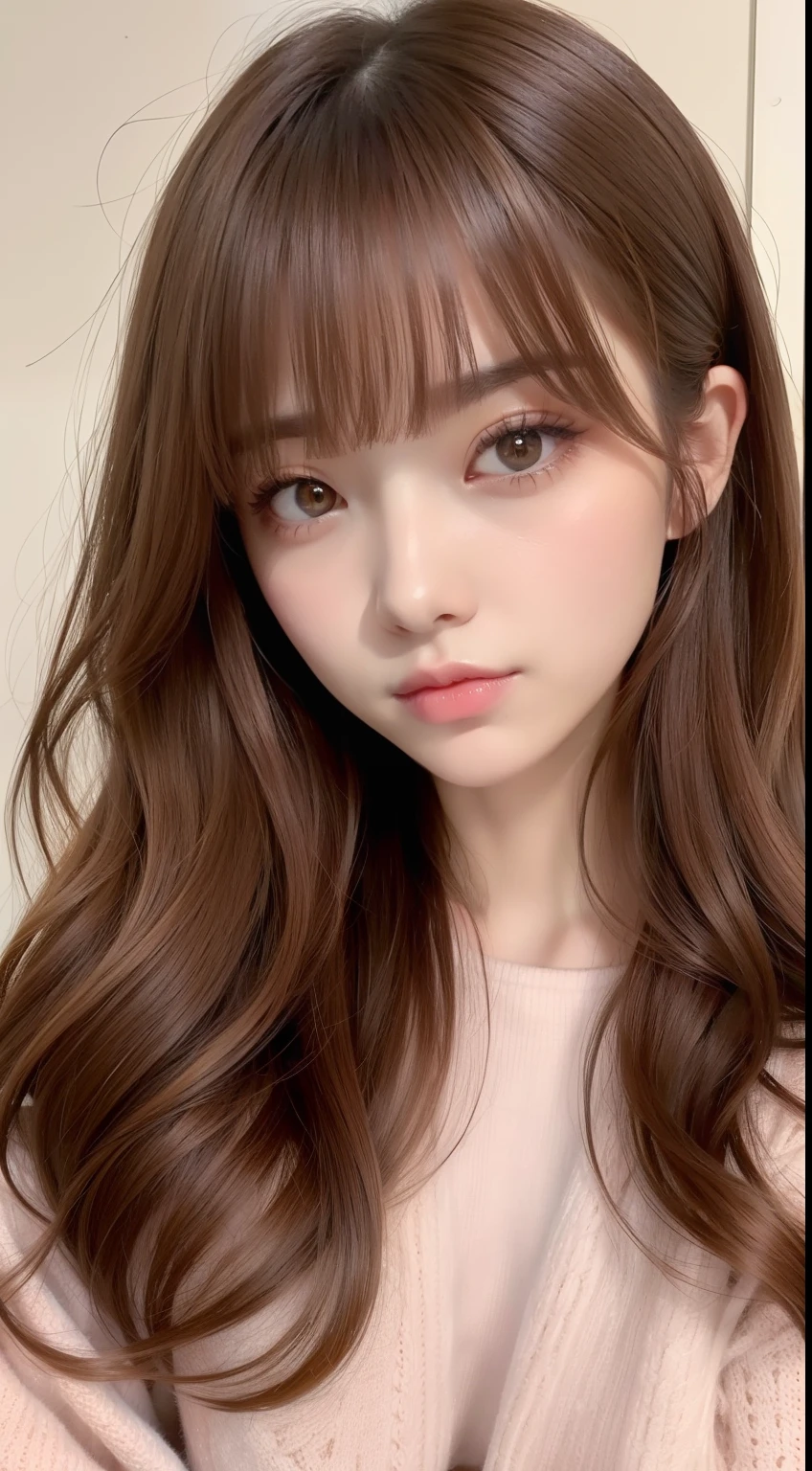 Portrait of autumn and winter sweet casual hairstyle。Hair color is caramel brown、Styling with straight bangs and natural waves。With rose pink lip and gold eyeshadow、Reflects a cozy and sweet look。