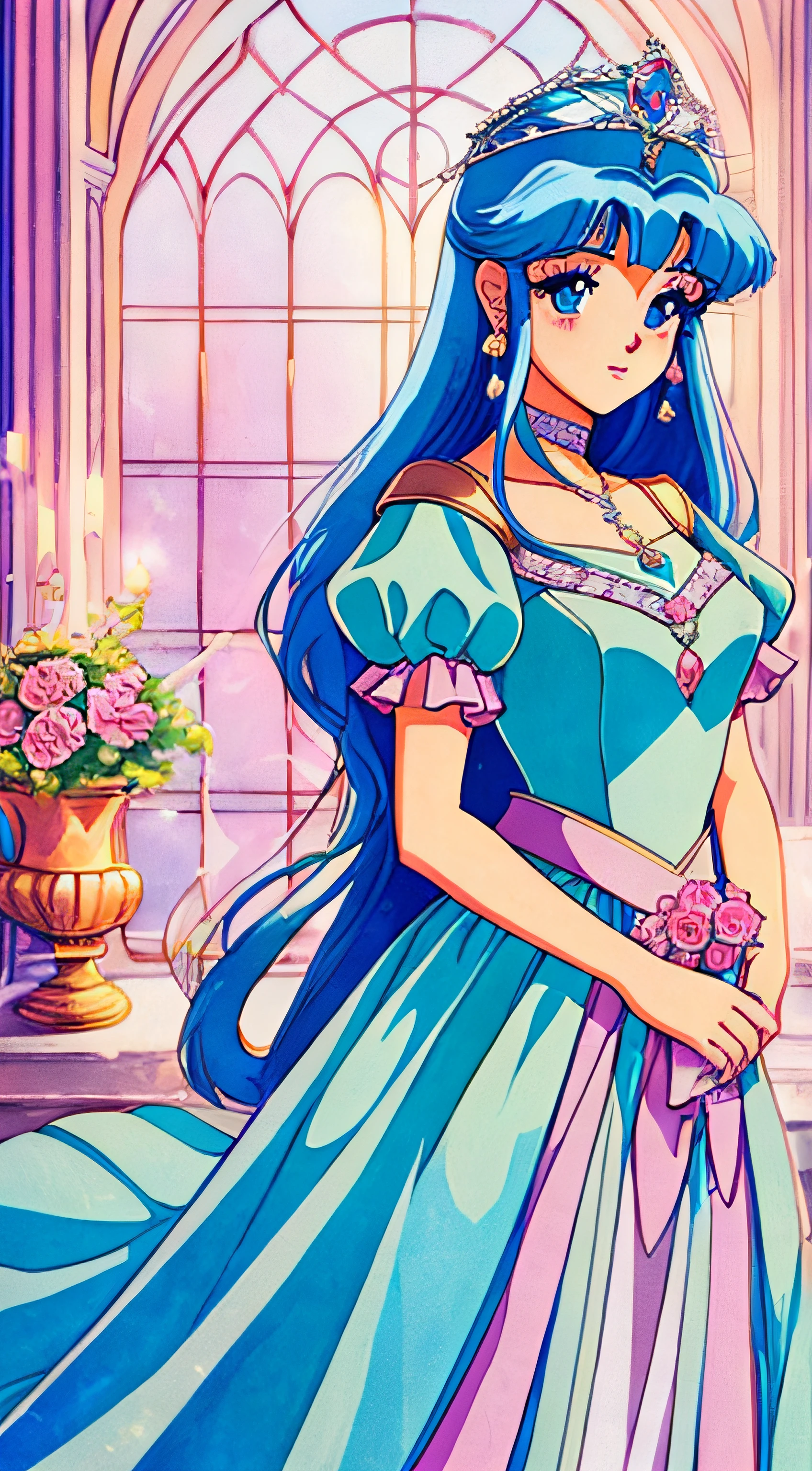 1 Princess，Character Standing Painting，thick blue hair，(Beautiful dress、Hairstyles、tiara crown、Jewelry)，Pretty eyes，blush，PastelColors，retro anime，1990s anime，tmasterpiece，Best Quality