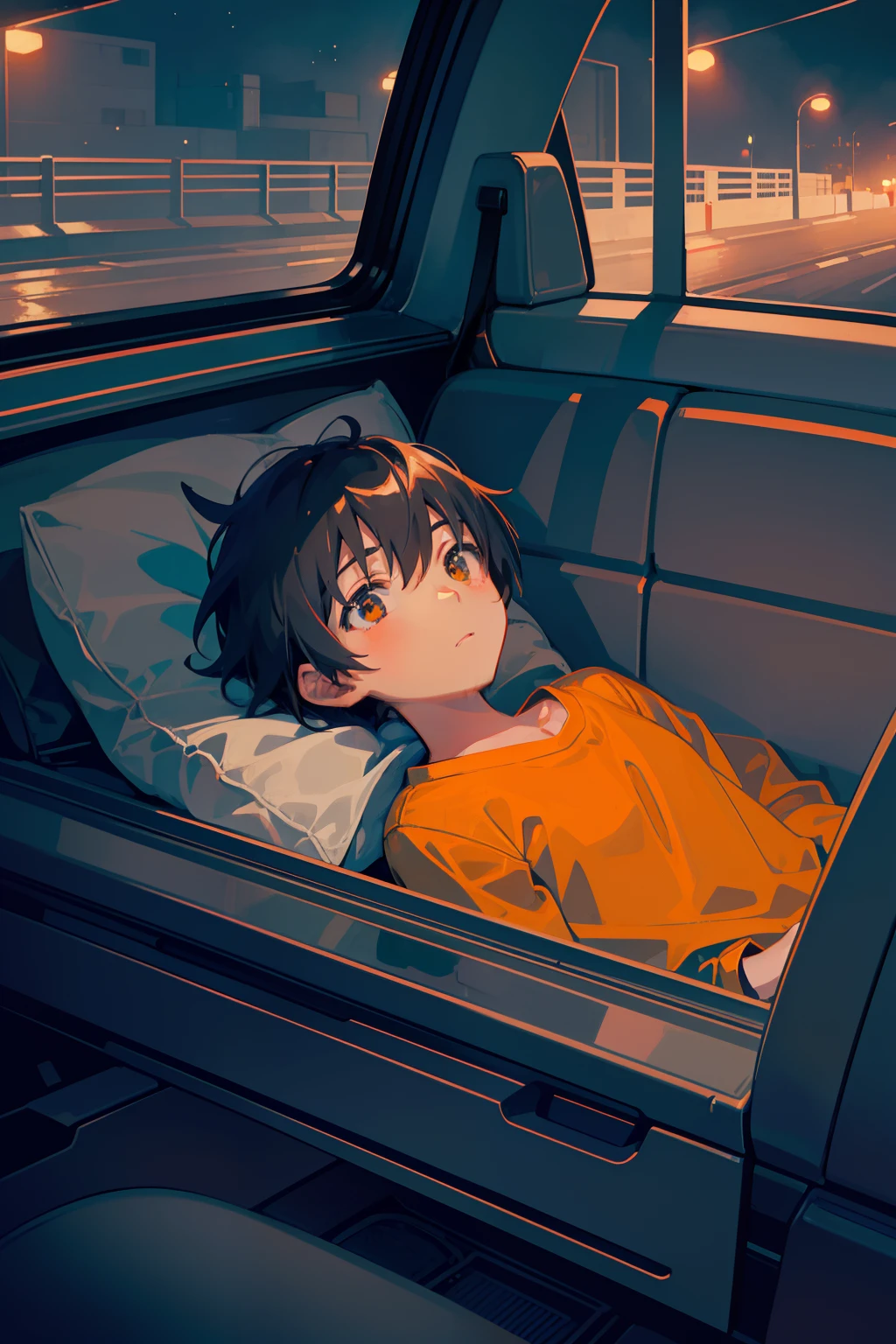 In the style of Makoto Shinkai, super fine illustration, best quality,　From the rear seat window of a car, the glow of orange streetlights can be seen. Inside, a child lying down gazes at the orange streetlights. The warm and nostalgic ambiance of the orange lights against the backdrop of the night captivates the child's attention.