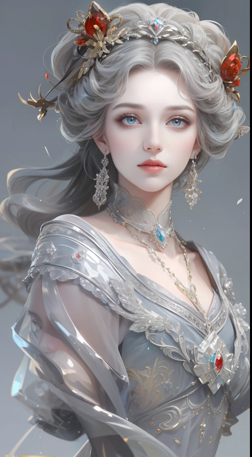 tmasterpiece,Highest high resolution,Dynamic bust of beautiful aristocratic maiden,Gray coiled hair,Red clear eyes,The hair is covered with beautiful and delicate floral craftsmanship, Crystal jewelry filigree,Ultra-detailed details,upscaled。