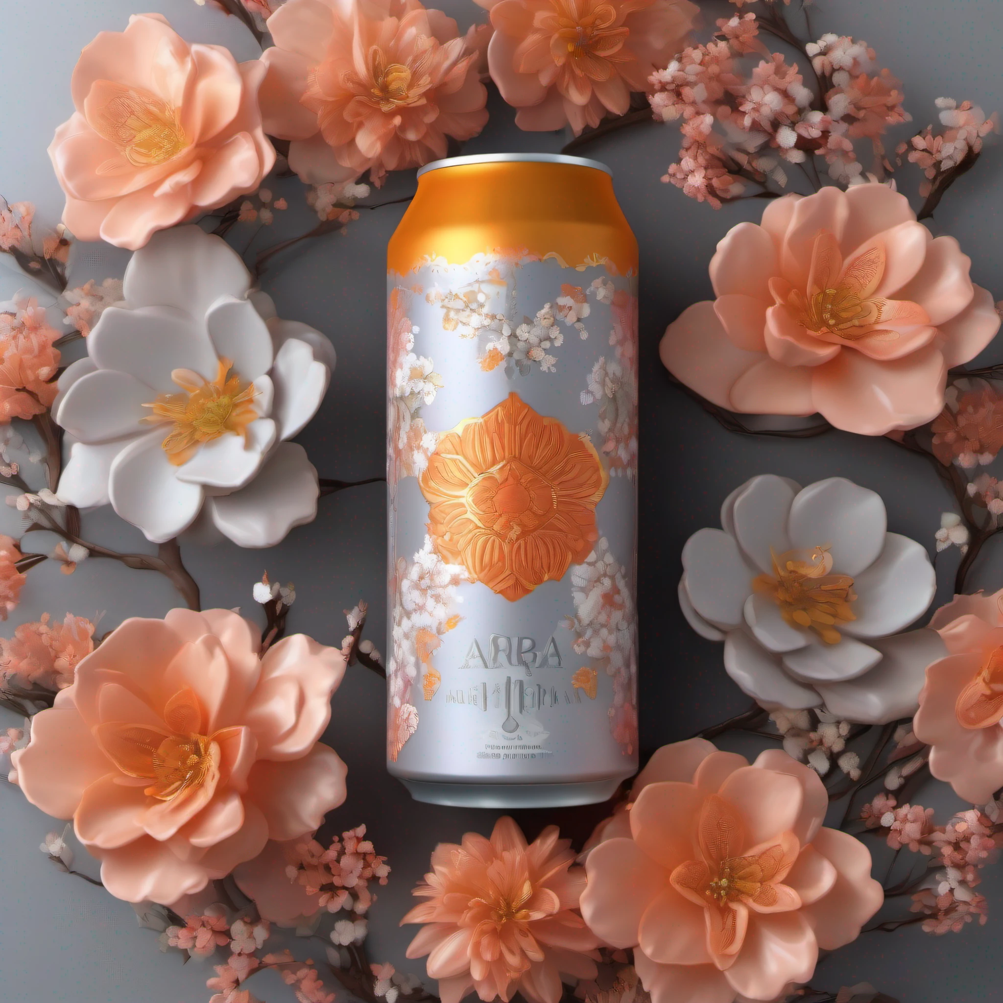 a can of amaroma beer with flowers in it, in the style of zbrush, cherry blossoms, realistic hyper-detail, johnson tsang, light orange and gray, decorative patterns, matte photo