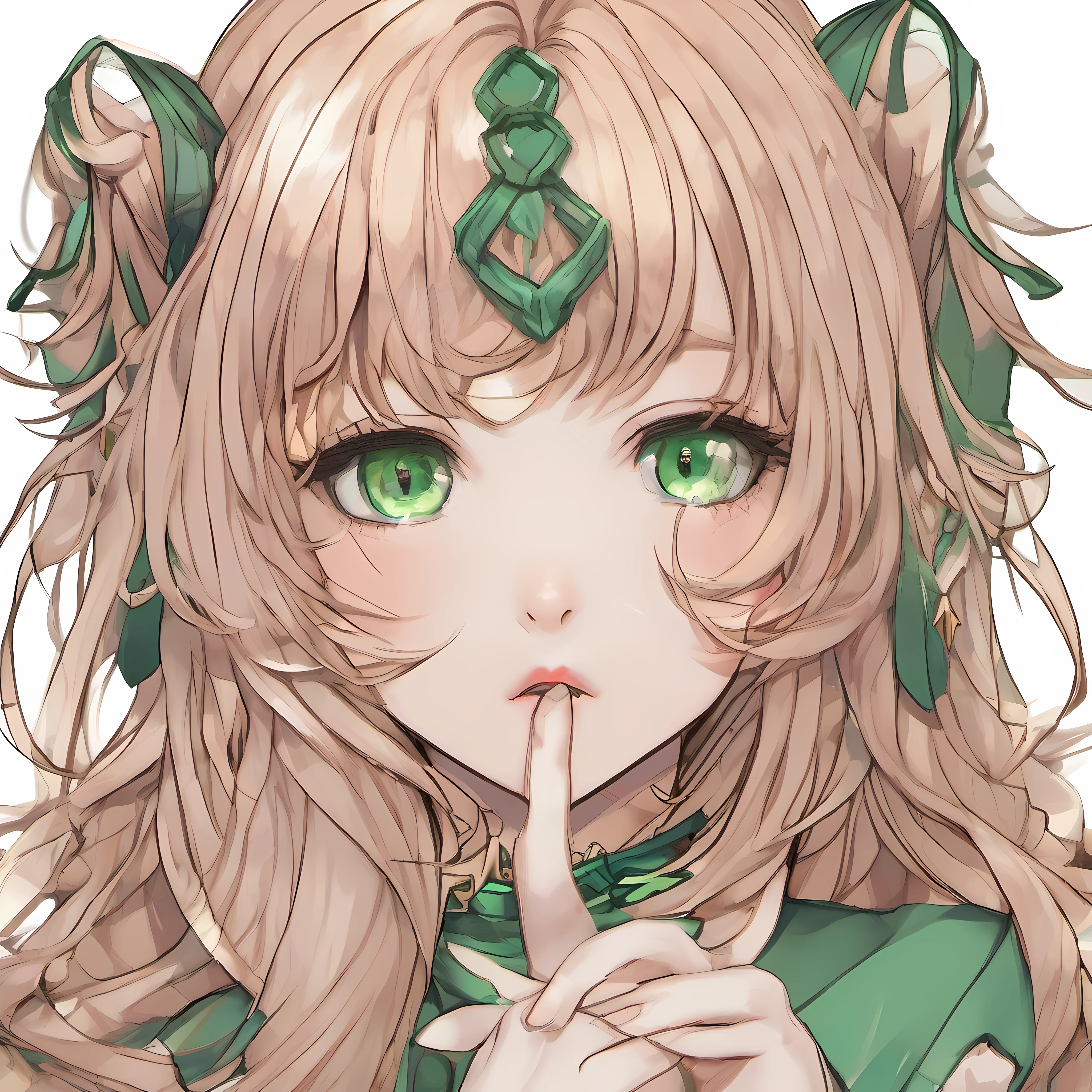 concept art, no background, white background, high quality, highres, perfect render, masterpiece, mangaka, emote, emotestyle, very clear outlines, perfect lineart, black outlines, detailed, animestyle, emote for streaming inspired by Twitch Emotes, gingergirl green eyes bangs, facial expression = kiss