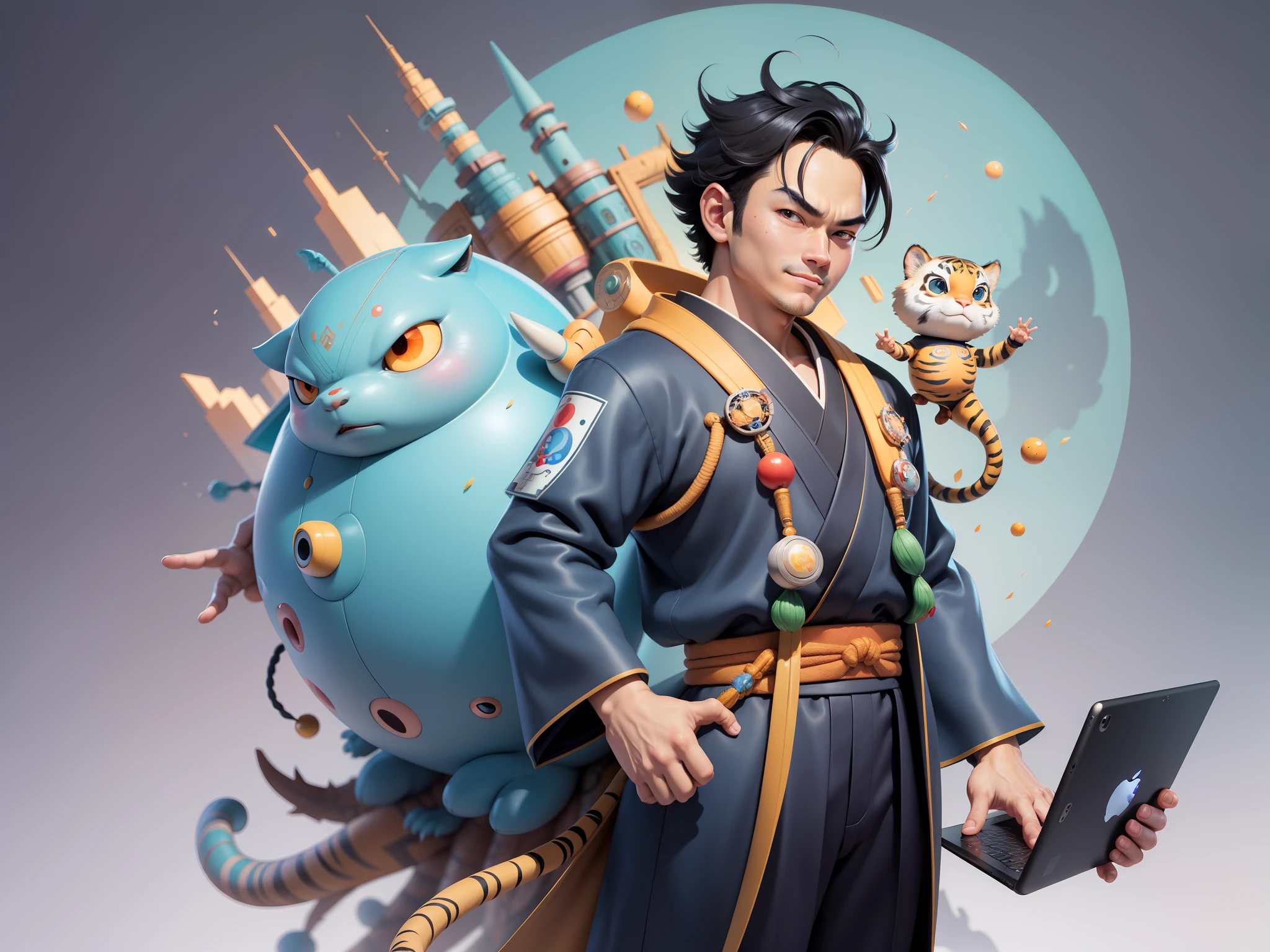 (Masterpiece), (Excellent), (Super Meticulous), (Full Body: 1.2), Super Young Man, Oriental Face, Japanese Kimono, Japanese Wind Thunder God, Dragon, Tiger, TV Anchor, Bust Portrait Illustration, Alone, Black Suit, Blue Tie, Slightly Chubby Face, Very Clean Face, No Beard, Black Super Short Hair, Black Eyes, Confident Smile, 3c Computer Sub-Products, iPad, iPhone, Digital Painting, 3D Character Design by Akira Toriyama and Mark Claireden and Pixar and Hayao Miyazaki, The illustration is a high-definition illustration in 4K resolution with very detailed facial features and cartoon-style visuals.