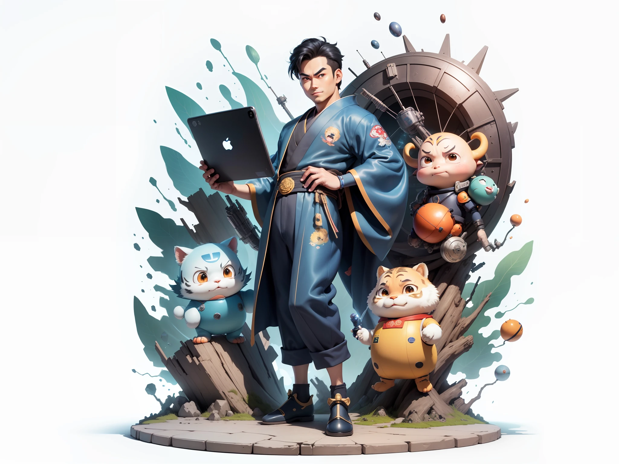 (Masterpiece), (Excellent), (Super Meticulous), (Full Body: 1.2), Super Young Man, Oriental Face, Japanese Kimono, Japanese Wind Thunder God, Dragon, Tiger, TV Anchor, Bust Portrait Illustration, Alone, Black Suit, Blue Tie, Slightly Chubby Face, Very Clean Face, No Beard, Black Super Short Hair, Black Eyes, Confident Smile, 3c Computer Sub-Products, iPad, iPhone, Digital Painting, 3D Character Design by Akira Toriyama and Mark Claireden and Pixar and Hayao Miyazaki, The illustration is a high-definition illustration in 4K resolution with very detailed facial features and cartoon-style visuals.