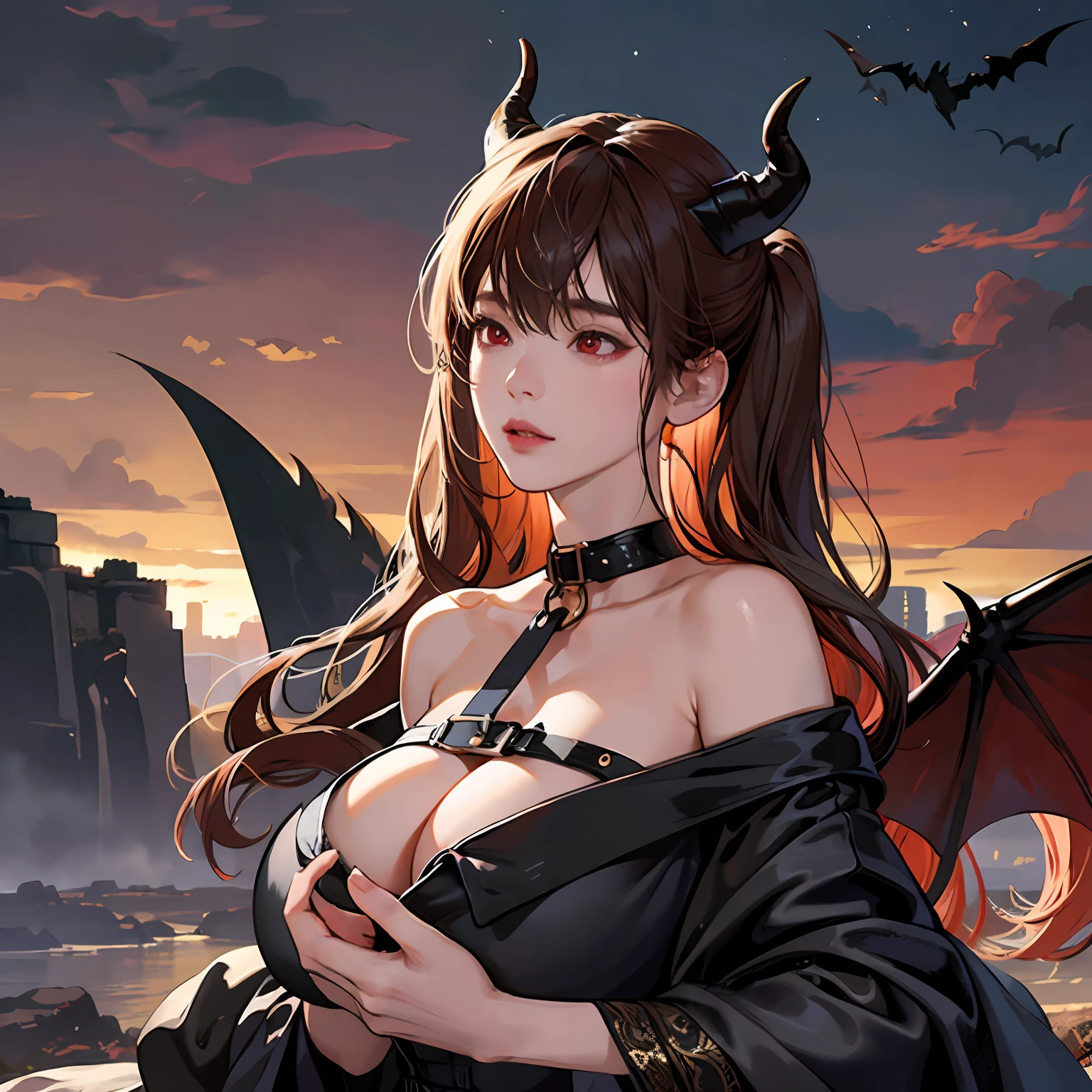 Women in Their 20s, 独奏, offcial art, unity 8k wall paper, ultra-detailliert, beautifly、Aesthetic, ​masterpiece, top-quality, Photorealsitic, a female demon、succubus、Goat horns on the head、red eyes、Long vertical glow、very huge bat wings on the back:2.0、Black bat wings、Bondage costumes、Collar with a leash、Has a heavy huge sickle、depth of fields, Fantastic atmosphere, Calm palette, tranquil mood, Soft shading、Heavy dark clouds and lightning、Desolate landscape、Rock Mountain、cliff、bbw、very large breast、plump figure、dark themed