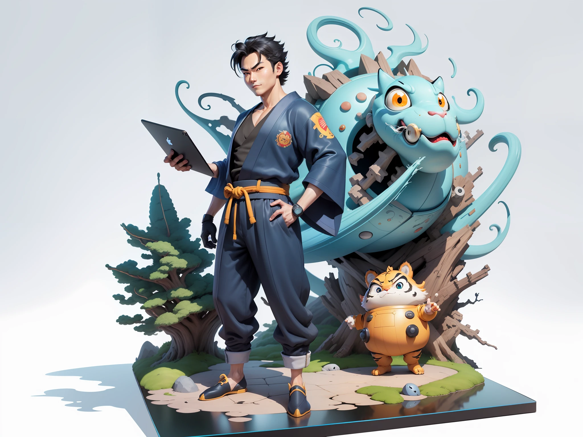 (Masterpiece), (Excellent), (Super Meticulous), (Full Body: 1.2), Super Young Man, Oriental Face, Japanese Kimono, Japanese Wind Thunder God, Dragon, Tiger, TV Anchor, Bust Portrait Illustration, Alone, Black Suit, Blue Tie, Slightly Chubby Face, Very Clean Face, No Beard, Black Super Short Hair, Black Eyes, Confident Smile, 3c Computer Sub-Products, iPad, iPhone, Digital Painting, 3D Character Design by Akira Toriyama and Mark Claireden and Pixar and Hayao Miyazaki, The illustration is a high-definition illustration in 4K resolution with very detailed facial features and cartoon-style visuals.