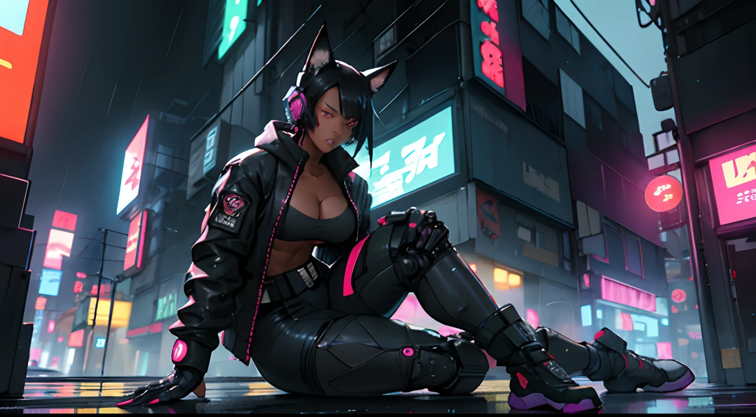 1girl, black hair, military, robot, animal ears, large assault rifle, neon colors, colorful, kitana, noir, mystery, thick waist medium breast, muscular, tomboy, cyberpunk, nekomata, warrior, sexy outfit, looking at viewer, anime, realistic, rainy night city, dark skin, sitting on building roof