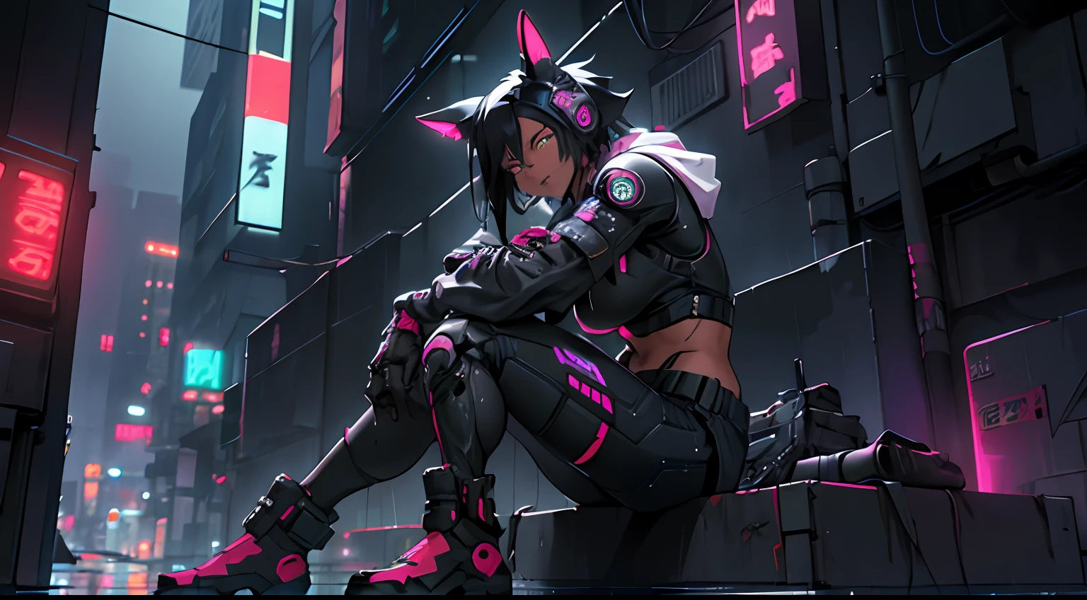 1girl, black hair, military, robot, animal ears, large assault rifle, neon colors, colorful, kitana, noir, mystery, thick waist medium breast, muscular, tomboy, cyberpunk, nekomata, warrior, sexy outfit, looking at viewer, anime, realistic, rainy night city, dark skin, sitting on building roof