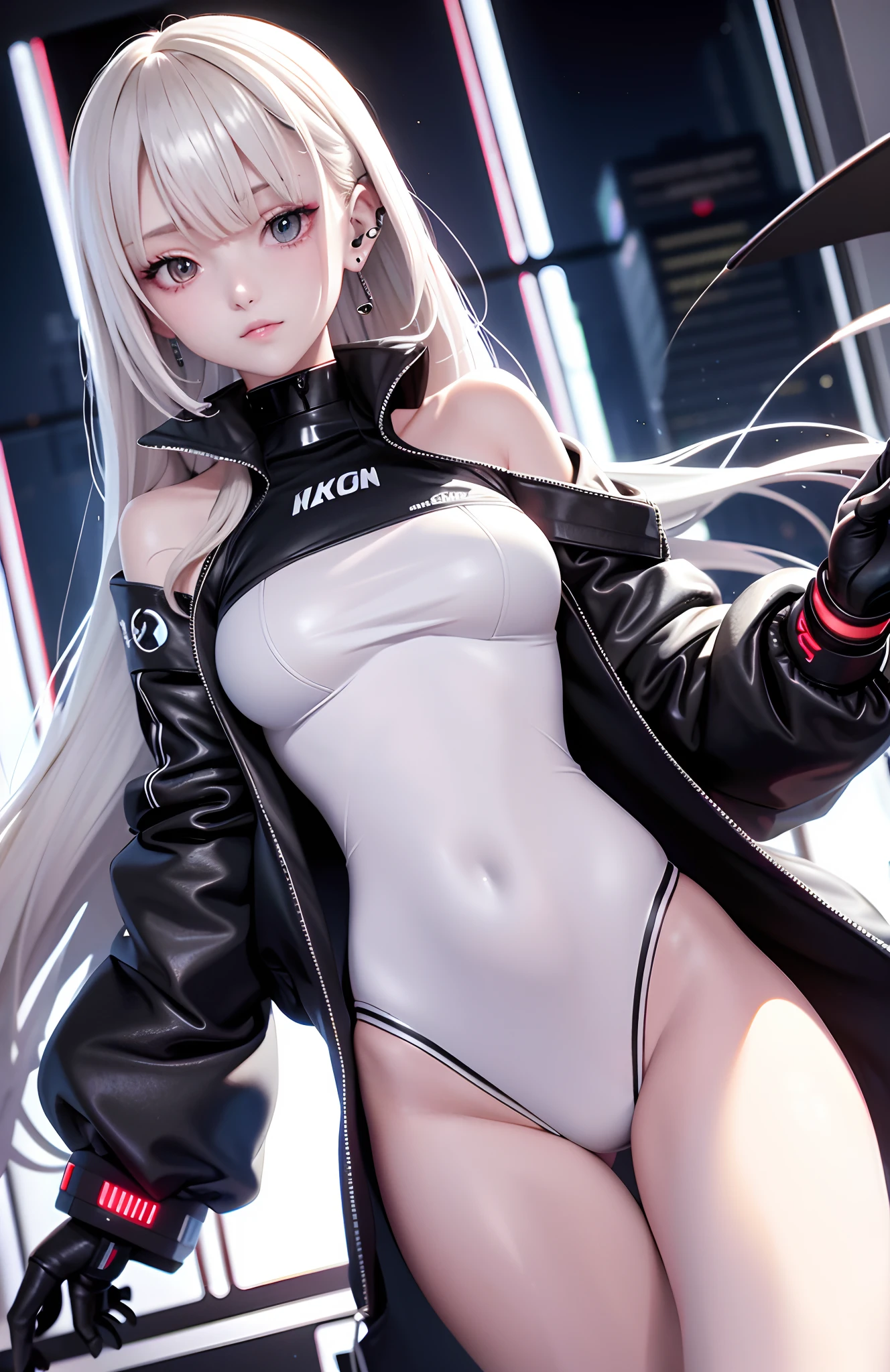 optimum,tmasterpiece,A high resolution,best qualtiy,hyper HD,super detailing,Award-Awarded,16k,独奏,(The upper part of the body),anatomy correct,Beautiful cyberpunk girl,cute face,,Gradient Beige Hair,Hairline,((Scarlet eyes)),long eyelasher,Hanging eye corners,White skin of the,(small boobs),(Slim body),((College uniforms and short jackets)),(),ear studs,(neck rings),(Laser material clothing:1.2)