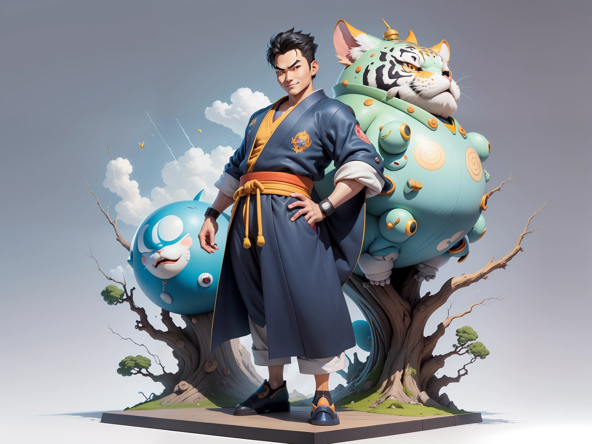(Masterpiece), (Excellent), (Super Meticulous), (Full Body: 1.2), Super Young Man, Oriental Face, Japanese Kimono, Japanese Wind Thunder God, Dragon, Tiger, TV Anchor, Bust Portrait Illustration, Alone, Black Suit, Blue Tie, Slightly Chubby Face, Very Clean Face, No Beard, Black Super Short Hair, Black Eyes, Confident Smile, 3c Computer Sub-Products, iPad, iPhone, Digital Painting, 3D Character Design by Akira Toriyama and Mark Claireden and Pixar and Hayao Miyazaki, The illustration is a high-definition illustration in 4K resolution with very detailed facial features and cartoon-style visuals.