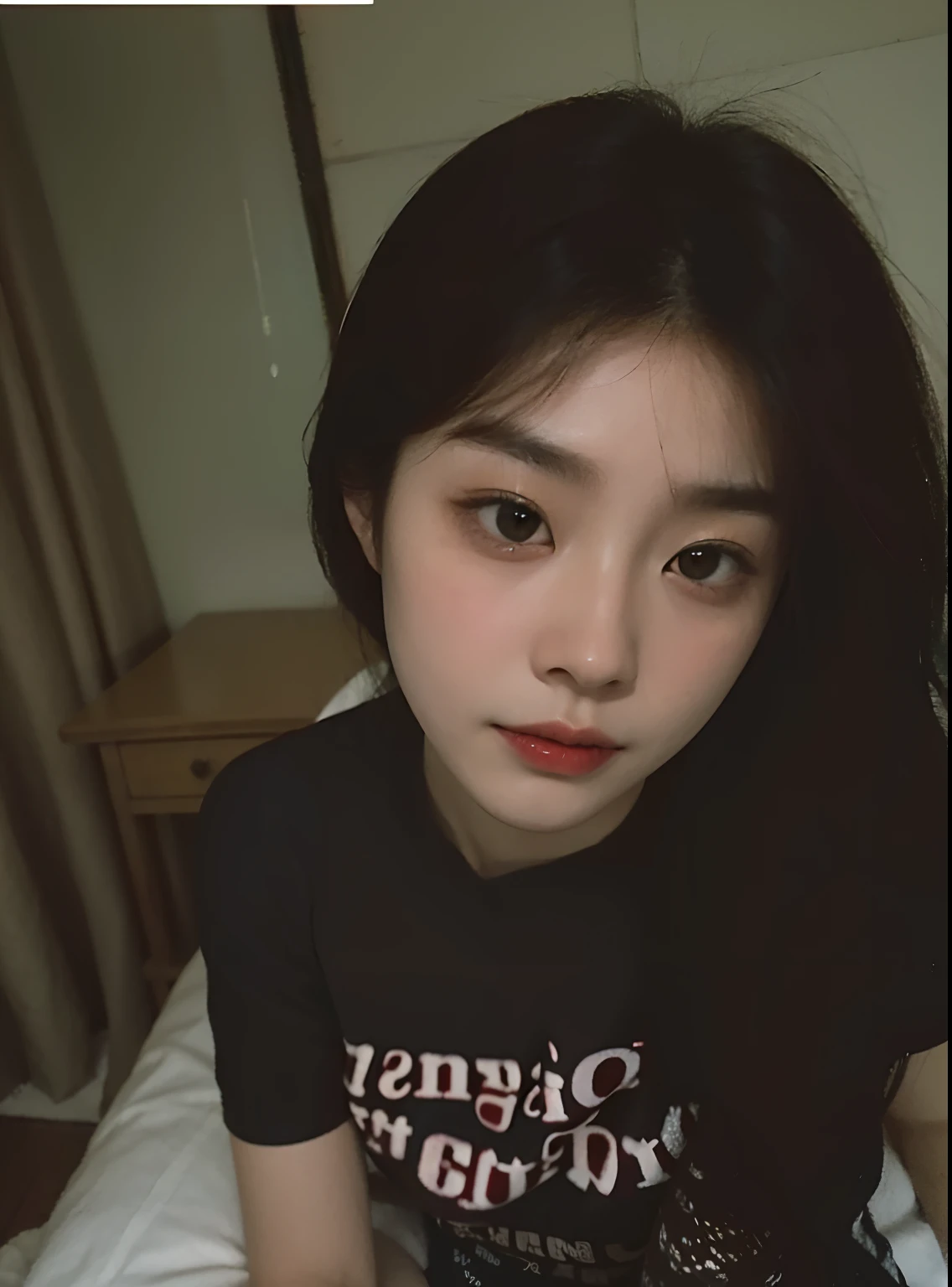 There is a woman sitting on the bed having，wearing a blacked shirt, xintong chen, Korean girl, nomake-up, wenfei ye, Choi Hyun-hwa, jaeyeon nam, 18 years old, jiyun chae, ulzzangs, young lovely Korean faces, Gemma Chen, 3 0 years old woman, 30 year-old woman, gongbi