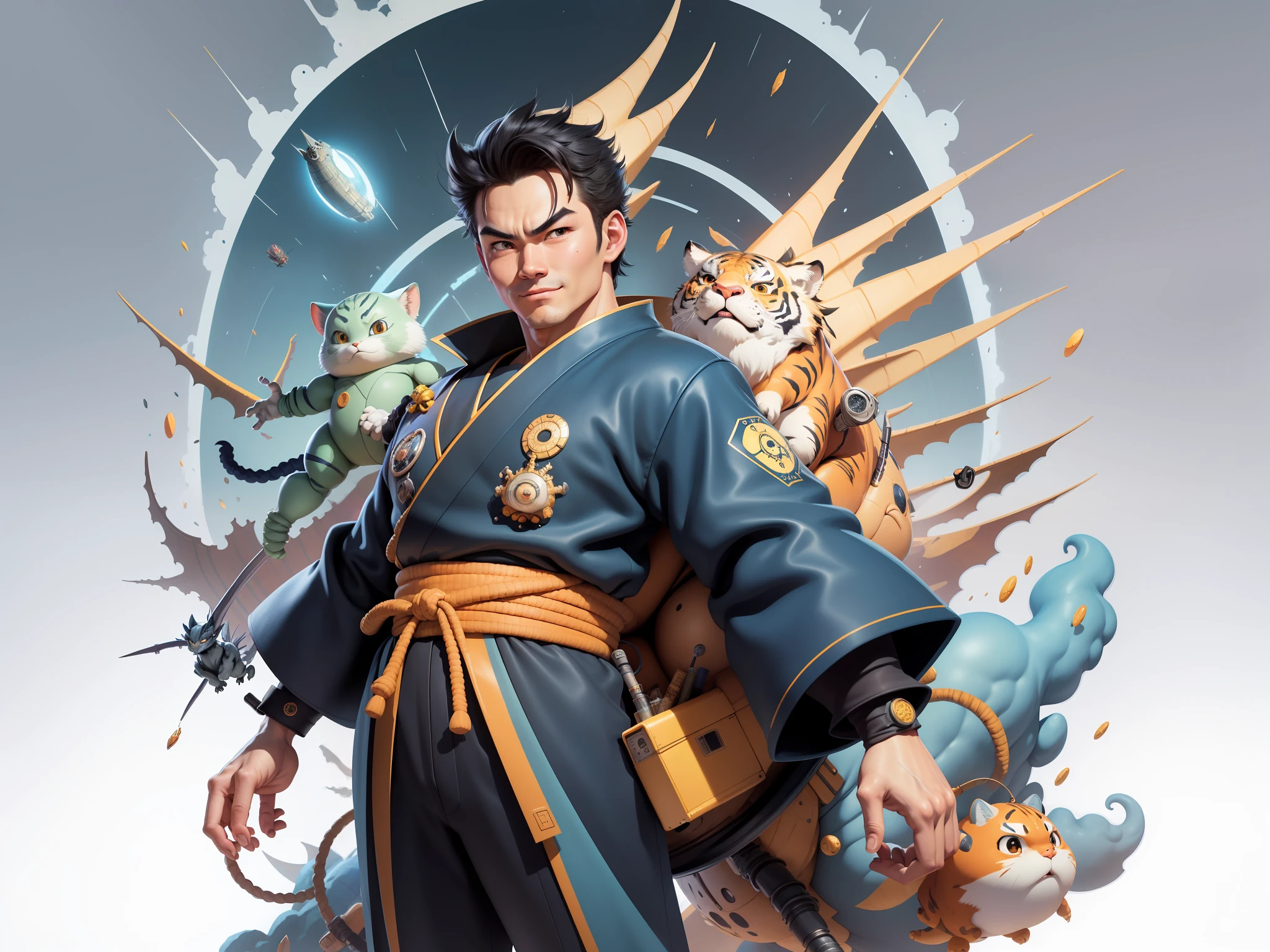 (Masterpiece), (Excellent), (Super Meticulous), (Full Body: 1.2), Super Young Man, Oriental Face, Japanese Kimono, Japanese Wind Thunder God, Dragon, Tiger, TV Anchor, Bust Portrait Illustration, Alone, Black Suit, Blue Tie, Slightly Chubby Face, Very Clean Face, No Beard, Black Super Short Hair, Black Eyes, Confident Smile, 3c Computer Sub-Products, iPad, iPhone, Digital Painting, 3D Character Design by Akira Toriyama and Mark Claireden and Pixar and Hayao Miyazaki, The illustration is a high-definition illustration in 4K resolution with very detailed facial features and cartoon-style visuals.