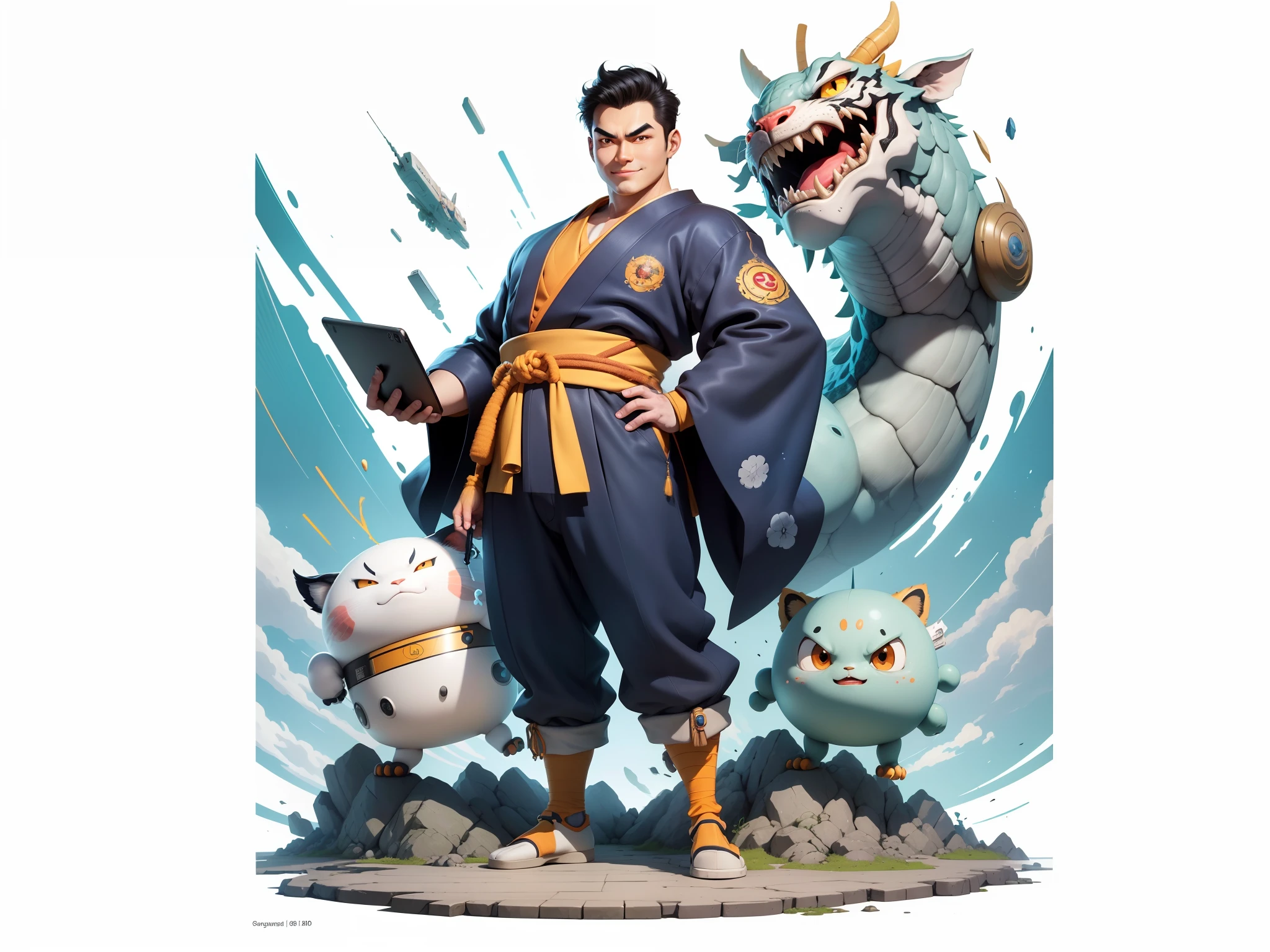 (Masterpiece), (Excellent), (Super Meticulous), (Full Body: 1.2), Super Young Man, Oriental Face, Japanese Kimono, Japanese Wind Thunder God, Dragon, Tiger, TV Anchor,  Portrait Illustration, Alone, Black Suit, Blue Tie, Slightly Chubby Face, Very Clean Face, No Beard, Black Super Short Hair, Black Eyes, Confident Smile, 3c Computer -Products, iPad, iPhone, Digital Painting, 3D Character Design by Akira Toriyama and Mark Claireden and Pixar and Hayao Miyazaki, The illustration is a high-definition illustration in 4K resolution with very detailed  features and cartoon-style visuals.