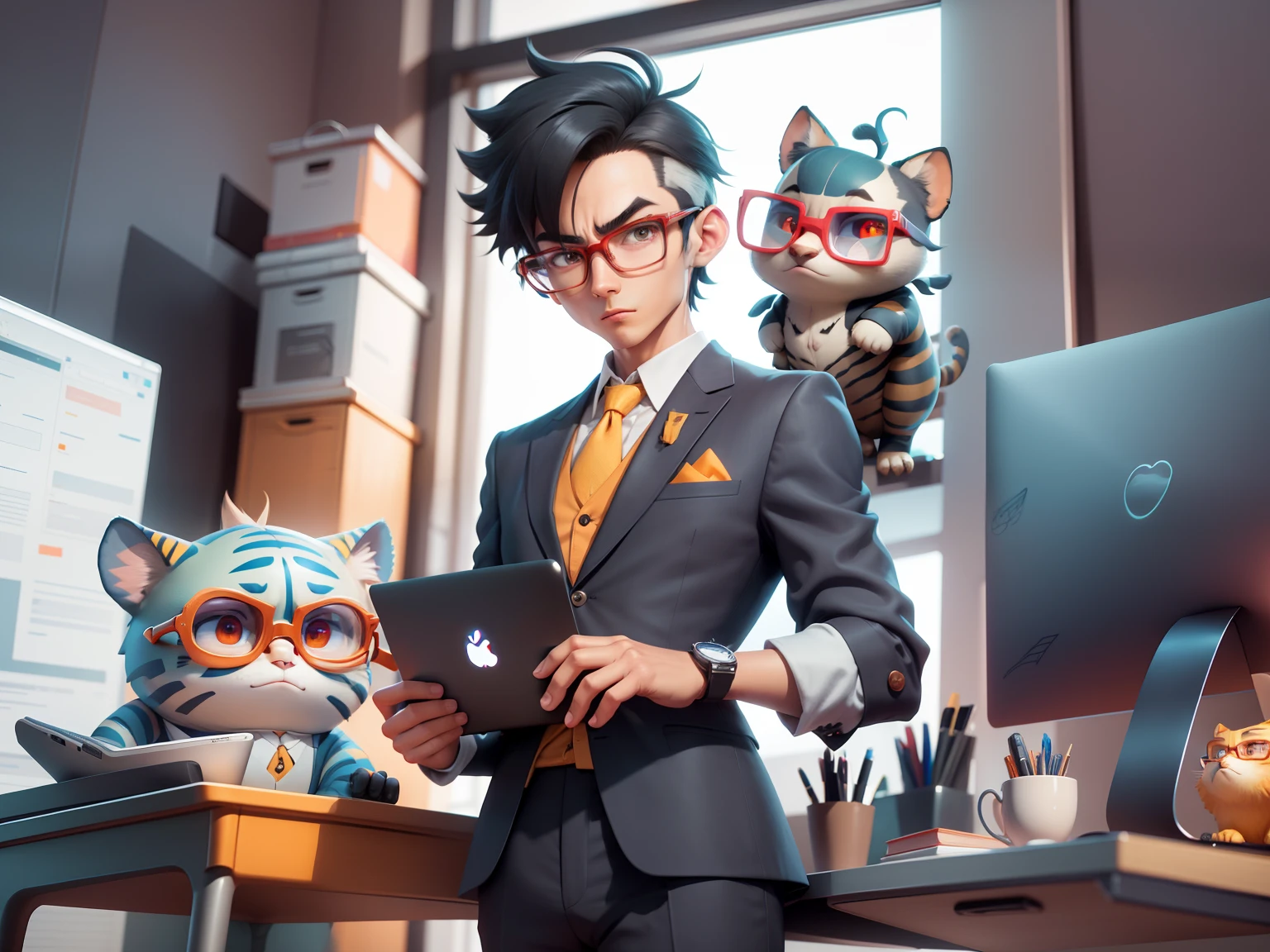 A young man in a suit, Short hair and glasses sat at his desk,holding laptop,digitial painting,tigre,3D character design by Mark Clairen and Pixar and Hayao Miyazaki and Akira Toriyama,4K HD illustration,Very detailed facial features and cartoon-style visuals。