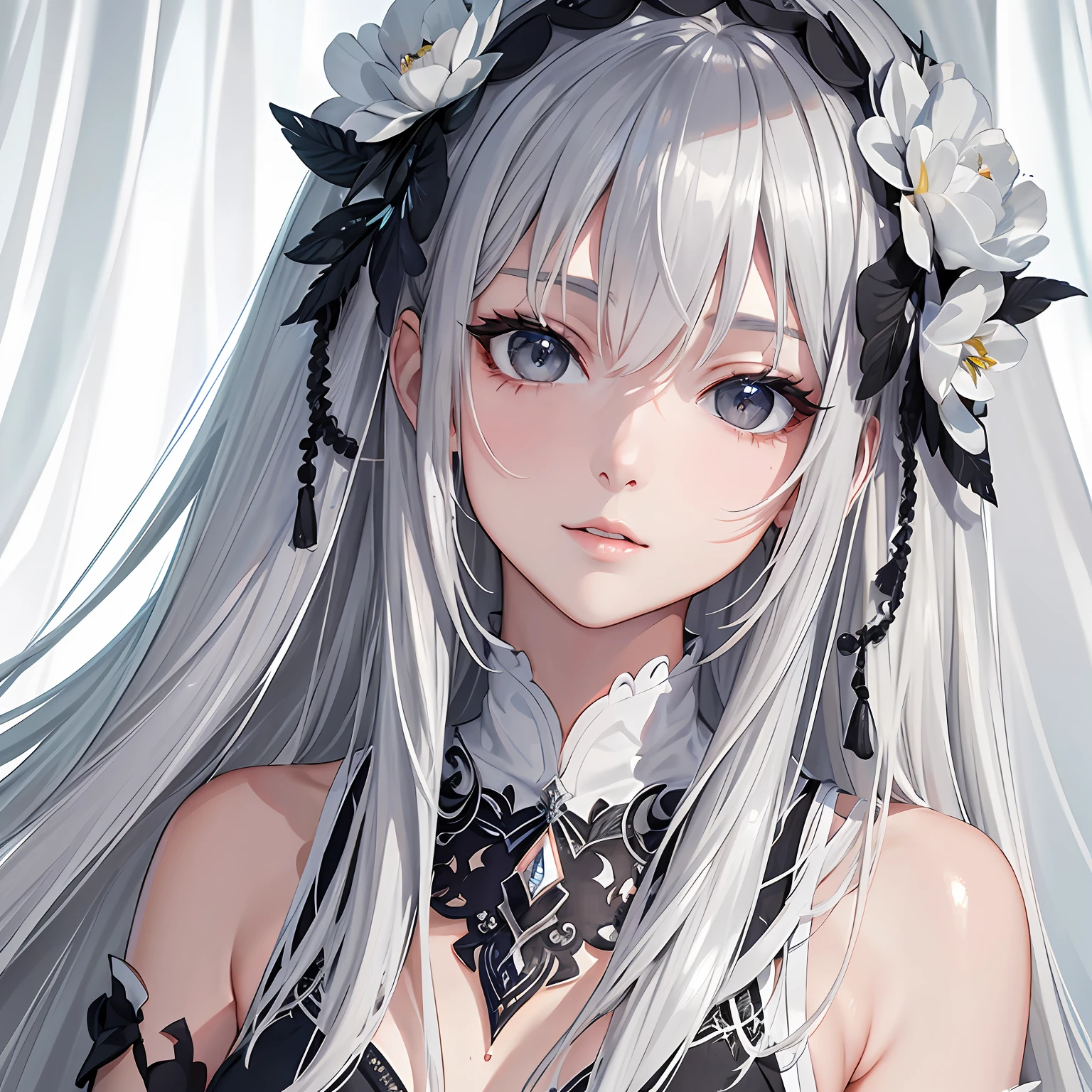 masterpiece、top-quality、hight resolution、High-quality images、8K、1womanl、detaileds、Detailed eye depiction、skin gloss、Lustrous silver hair、Monochrome grayscale、Nomiya、portlate、To the gentle Leo