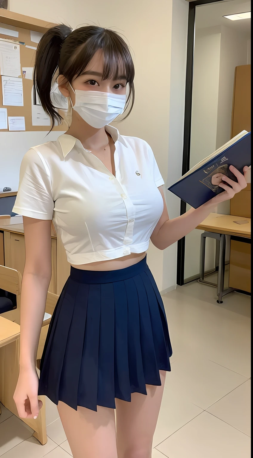 ((Best Quality, 8K, Masterpiece: 1.3)), 1girl, Slim Abs Beauty: 1.3, (Hairstyle Casual, Big Breasts: 2.1), Dress: 2.1, Super Fine Face, Delicate Eyes, Double Eyelids, Smile,Student,Standing In Classroom,Hold A Book,Ponytail Hair,Student Shirt,Mask, And Mini Skirt Outfit