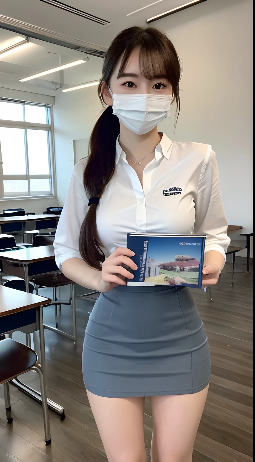 ((Best Quality, 8K, Masterpiece: 1.3)), 1girl, Slim Abs Beauty: 1.3, (Hairstyle Casual, Big Breasts: 2.1), Dress: 2.1, Super Fine Face, Delicate Eyes, Double Eyelids, Smile,Student,Standing In Classroom,Hold A Book,Ponytail Hair,Student Shirt,Mask, And Mini Skirt Outfit