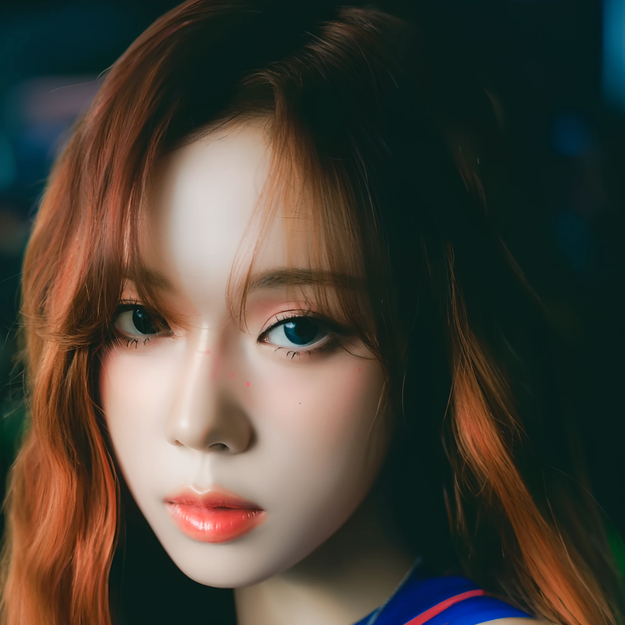 Close-up of a woman with long red hair in a blue blouse, sun yunjoo, portrait of jossi of blackpink, portrait jisoo blackpink, portrait of kpop idol, portrait of female korean idol, Kim Tae-joon, 8K Artgerm bokeh, Shin Jinying, sakimichan, Fanart, korean artist, jossi of blackpink, Kim Do-young