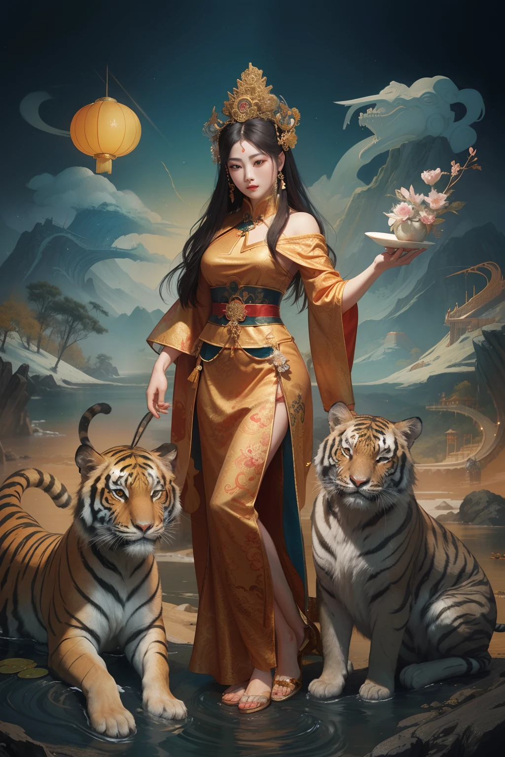 an ancient Chinese goddess, guanyin of the southern seas, Guanyin, Inspired by China, Avalokiteshvara rides a tiger，,Serene expression,shui mo hua,Buddha,Buddhist,Lotus,Chinese painting style,Thangka style