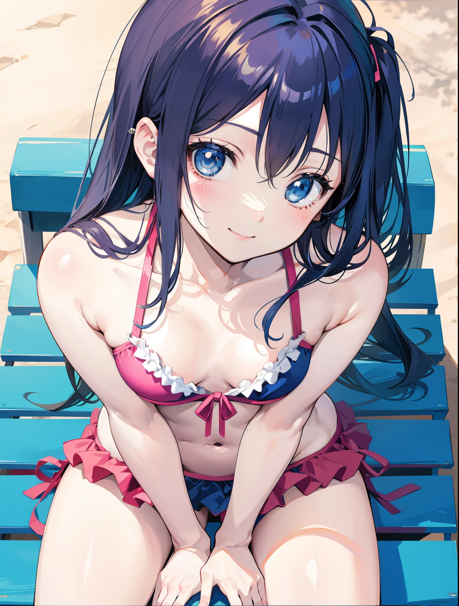 anime girl in a bikini sitting on a blue bench, from above, small breast, smile, beautiful hair, cute pose, cuteness, pov