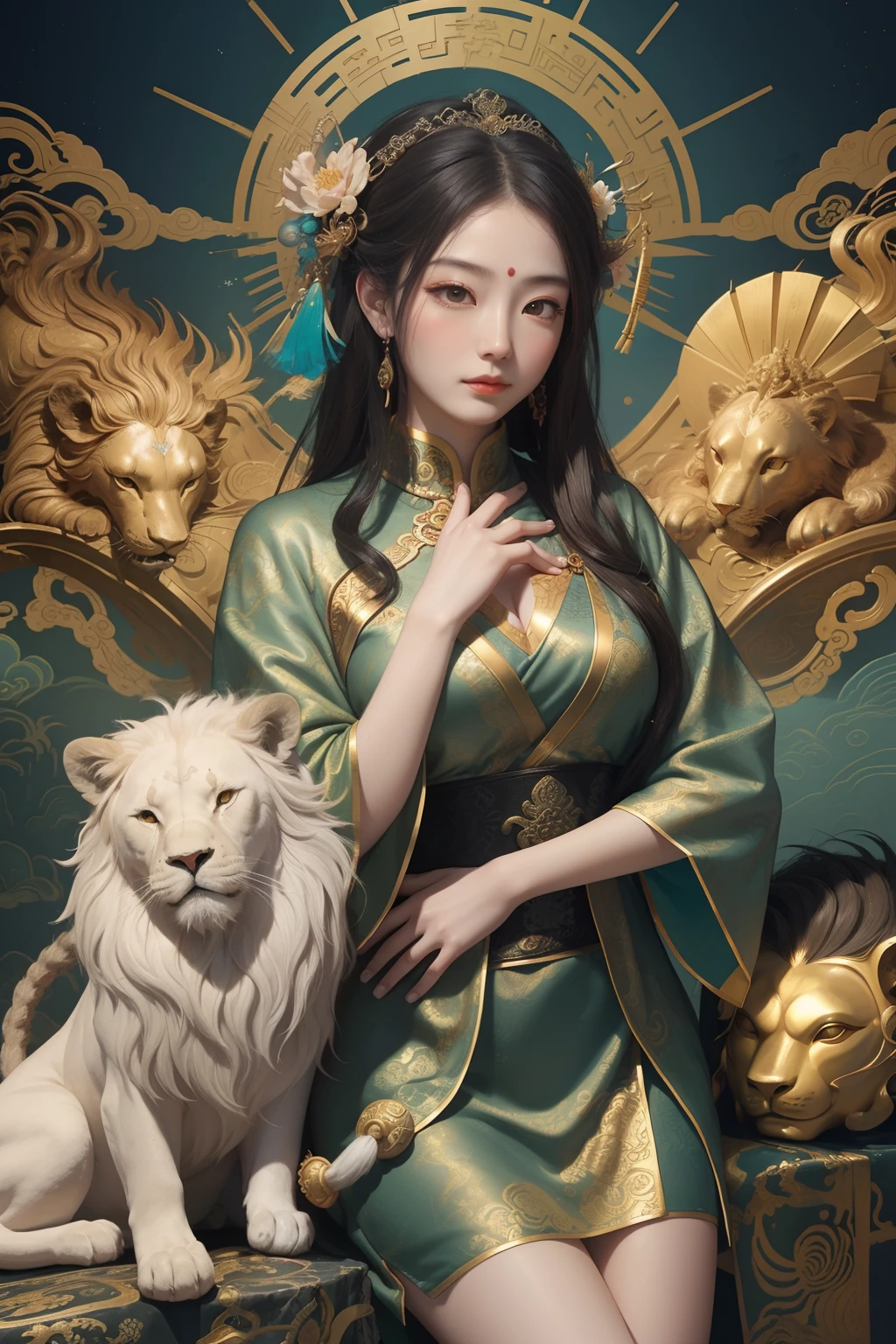 an ancient Chinese goddess, guanyin of the southern seas, Guanyin, Inspired by China, Avalokiteshvara rides a lion，,Serene expression,shui mo hua,Buddha,Buddhist,Lotus,Chinese painting style,Thangka style