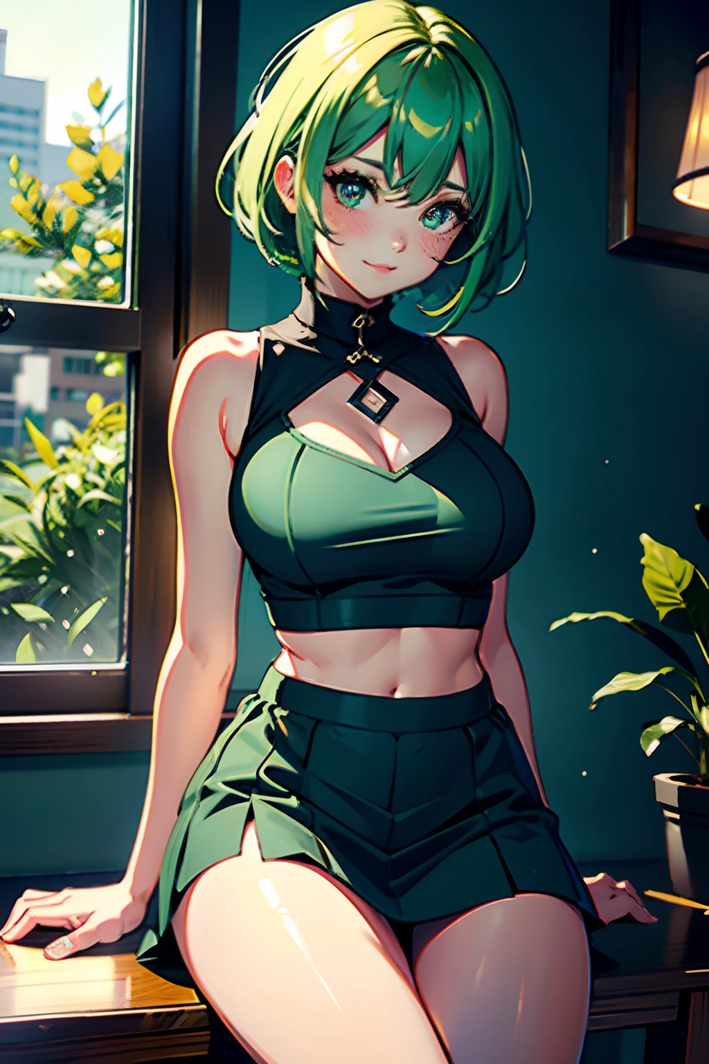 Girl with emerald green bob cut, looking at camera. 