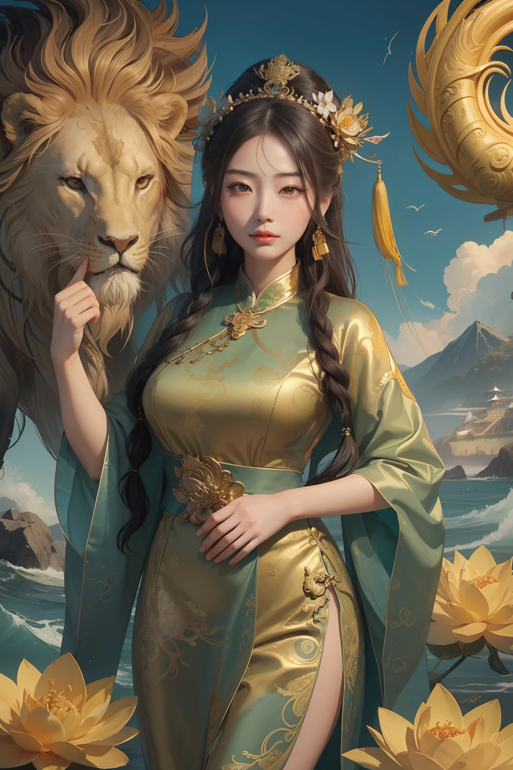 an ancient Chinese goddess, guanyin of the southern seas, Guanyin, Inspired by China, Avalokiteshvara rides a lion,,Serene expression,shui mo hua,Buddha,Buddhist,Lotus,Chinese painting style,Thangka style
