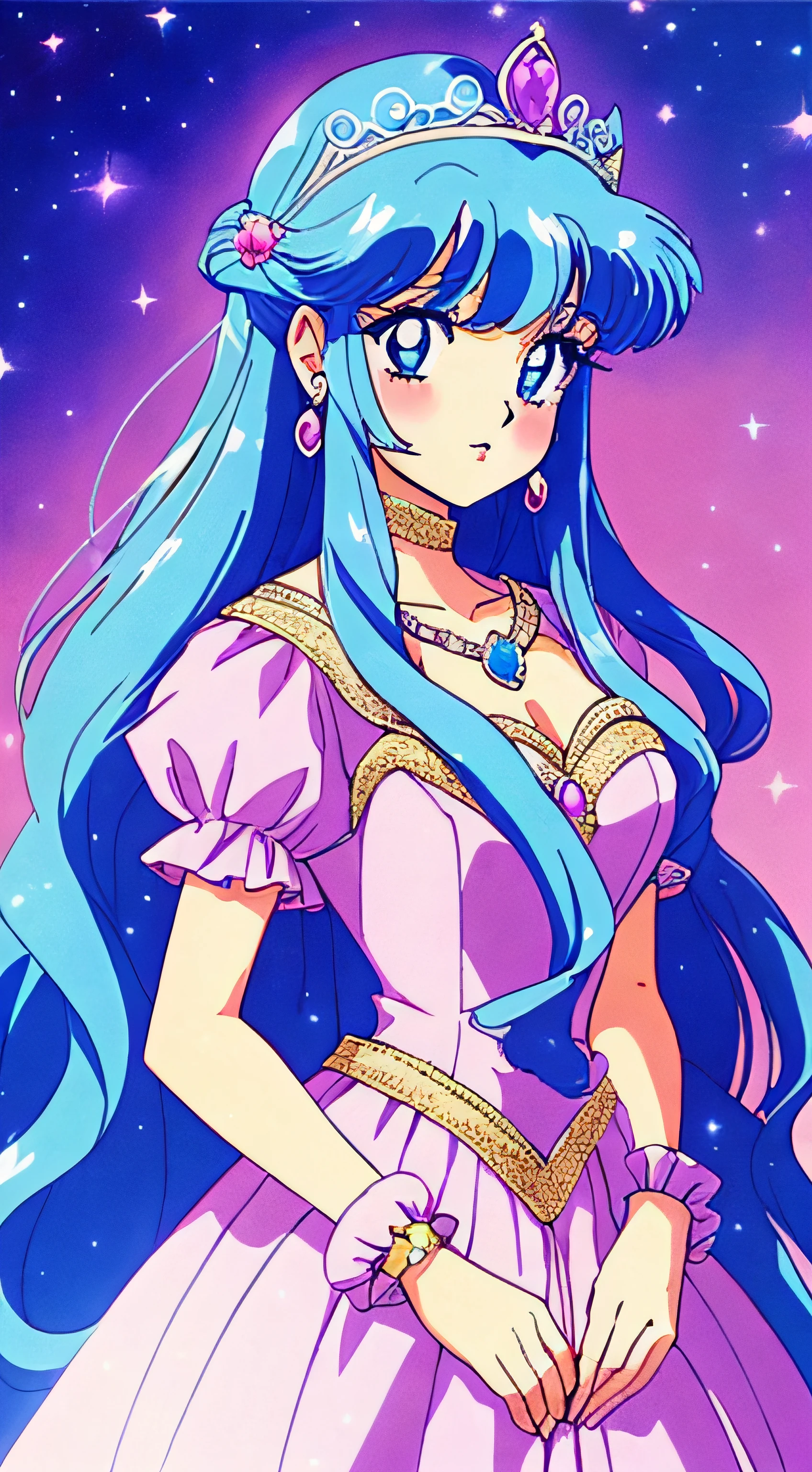 1 Princess，Character Standing Painting，thick blue hair，(Beautiful dress、Hairstyles、tiara crown、Jewelry)，Pretty eyes，blush，PastelColors，retro anime，1990s anime，tmasterpiece，Best Quality