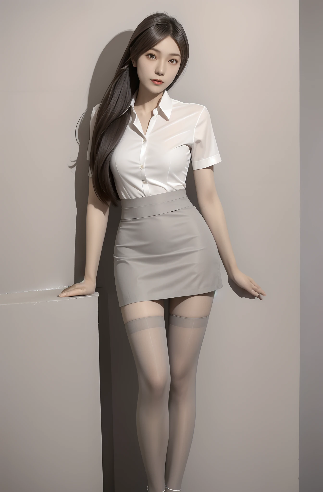 Allard Asian woman in short skirt and white shirt against the wall, thighhighs and skirt, wearing tight simple clothes, white shirt and grey skirt, office clothes, Miniskirt, transparent gray skirts, wearing dresses, graceful and confident posture, Short skirt, wearing shirt, Pantyhose, wearing a strict business suit, Business clothes, photo of slim girl model