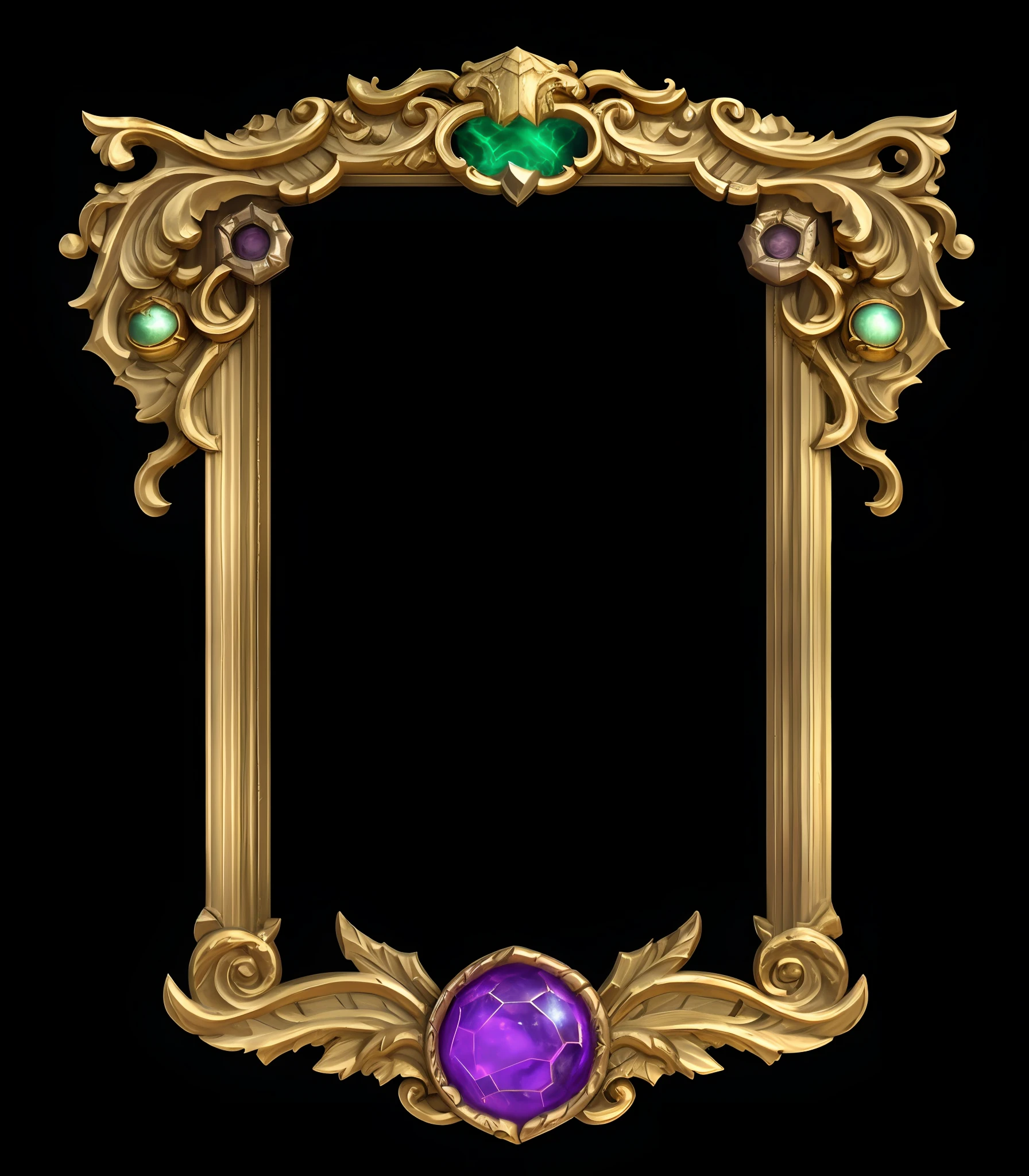Gold frame with purple ball close-up, ornate border + concept-art, baroque color scheme, Eldridge color scheme, Baroque color palette, Golden-green, Blue-purple, game overlay, Game UI, hearthstone colour style, Rococo color scheme, ornate frame, cyan and gold scheme, Mysterious color scheme, Game UI, game ui asset design