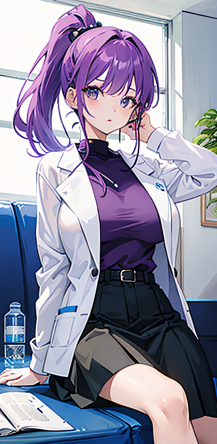 Young female scientists，Watch books，Sit on the sofa，Scientific experiments，Purple hair, short ponytail hair, hair bobbles, Gradient eyes, anime big breast, Anime style, first person perspective, hyper HD, Masterpiece, 8K