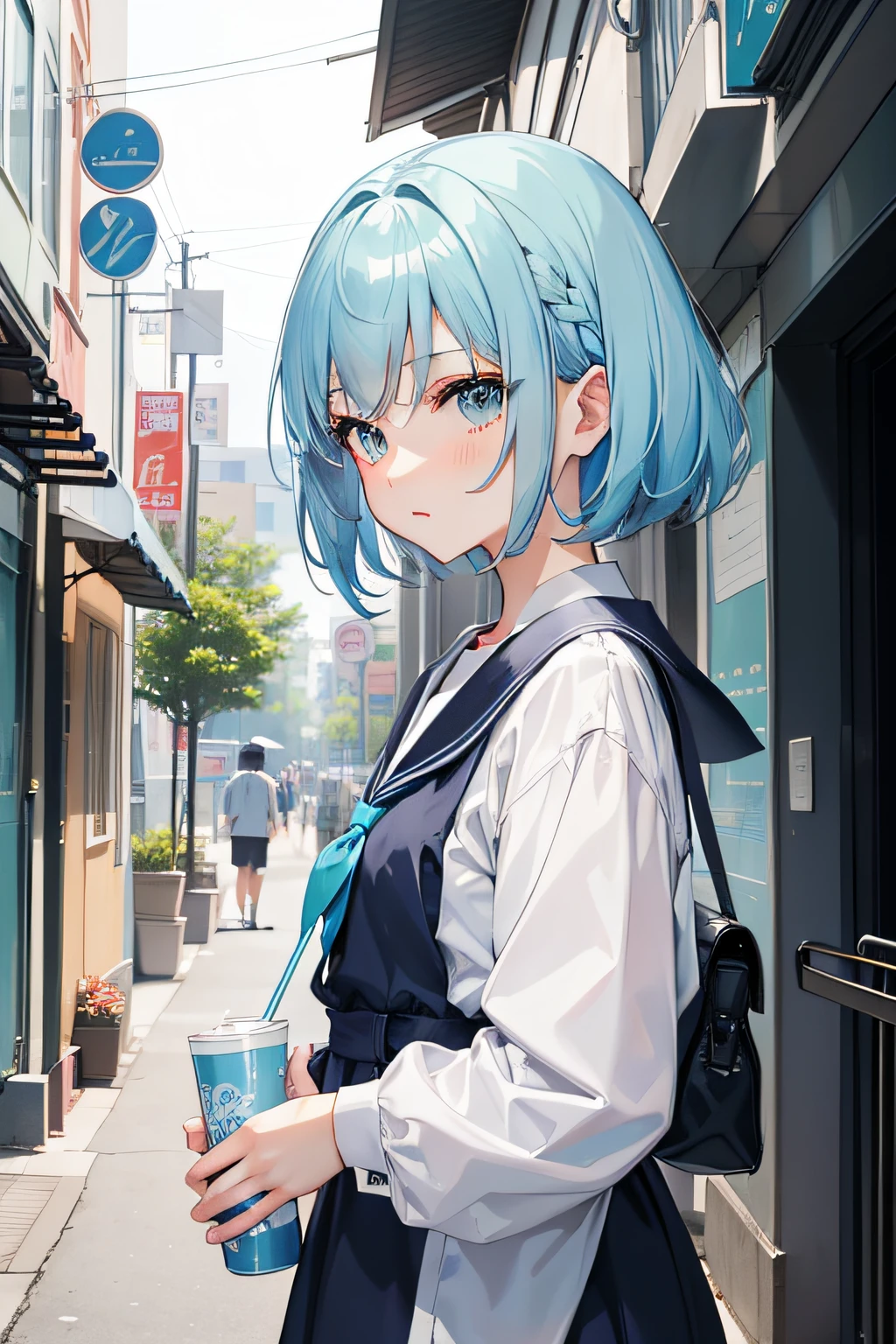 a beauty girl,lightblue hair,bobhair,Manga style,fulcolor,A slender,Infant face,hi-school girl,boyish