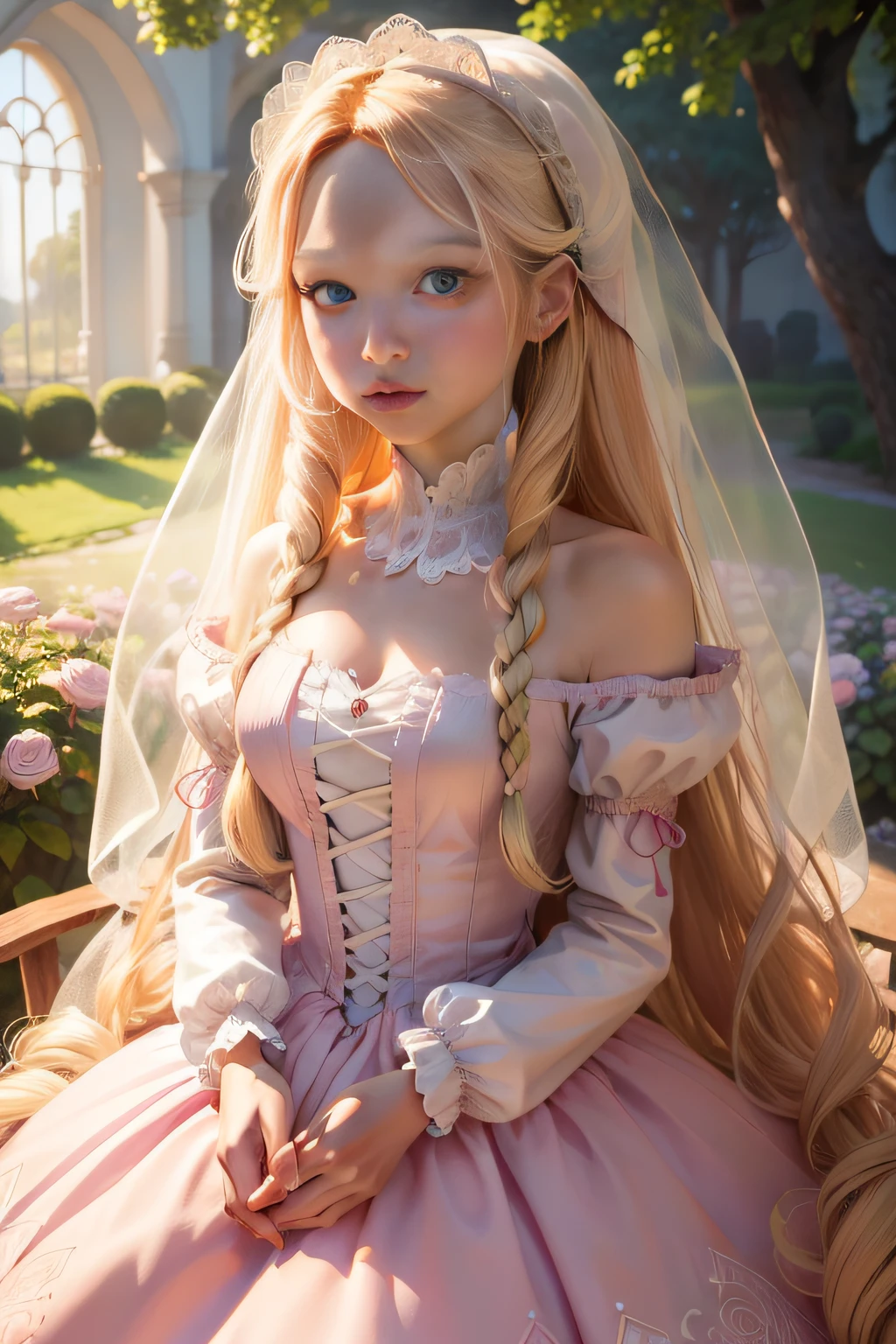 Dress in gorgeous wedding dresses inspired by Disney characters (( Rapunzel)), The long blonde hair was inspired by ((Disney character Rapunzel)), In the pink rose field, The pink gorgeous wedding dress is inspired by: (( Disney character Rapunzel)), (( Pink rapunzel style dress)), top-quality, Masterpiece, 超A high resolution, Photorealsitic, 1girll, , ((top-quality、8K、Masterpiece:1.3))、1girl in、Long blonde hairstyle, Super detailed face、二重まぶた、True and delicate skin、Realistic and detailed,