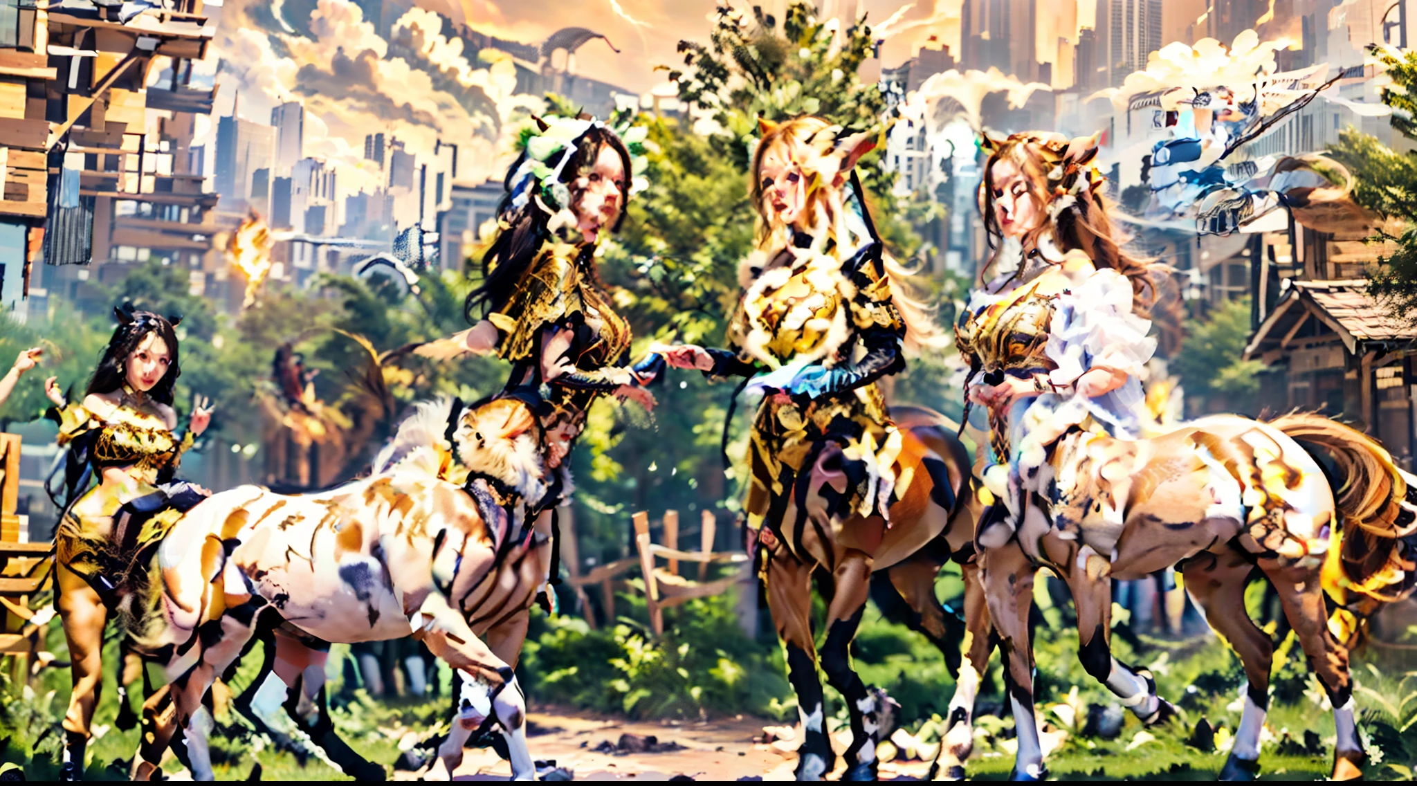 In this beautiful illustration，Eight unique female centaur characters are shown，They all have their own characteristics，Vivid and interesting。Radiant angelic centaurs from the heavenly realm，To the hellish centaurs surrounded by nightmarish flames，And then to the Wind Immortal Centaur dancing in the air，Unicorn centaur surrounded by lightning，Mechanical centaur in mechanical style，Dragon centaurs，Elf centaurs，Tiflin centaurs，Each character has their own unique charms and abilities。The illustration uses advanced artistic techniques and tools，Divide the scene into sections by geometric arrangement，Each section corresponds to a centaur character，This makes more efficient use of space。Through Midjourney's advanced brush tools、Color palette、Material packs and model packs，Exquisite costumes and equipment are designed for each centaur，Enhances the character's personality and visual appeal。The scenery in the illustrations is stunning，There are changing skies、rainbowing、extreme light、Stars and Moon。Incorporating iconic landmarks such as Mount Everest，and fireworks、tranquil lake、Natural and urban elements of waves and neon lights，Creates a magical atmosphere。The centaurs showed off their skills and equipment in a variety of environments，This is true even in extreme alien landscapes。Midjourney's tools make depicting details vivid and realistic，From intricate hairstyles and clothing to authentic textures，Enhances the realism of the characters and surroundings。The fusion of multiple art styles adds movement to the centaur's movement at all angles，The overall visual experience is further enriched。The final illustration was described as a "masterpiece"，It has the characteristics of "best quality" and "realistic"，The details put into the creative process are shown、Level of creativity and craftsmanship。Ultra-grand scenes，super wide shot， hdr，（真实感，Masterpiece quality，best qualtiy）