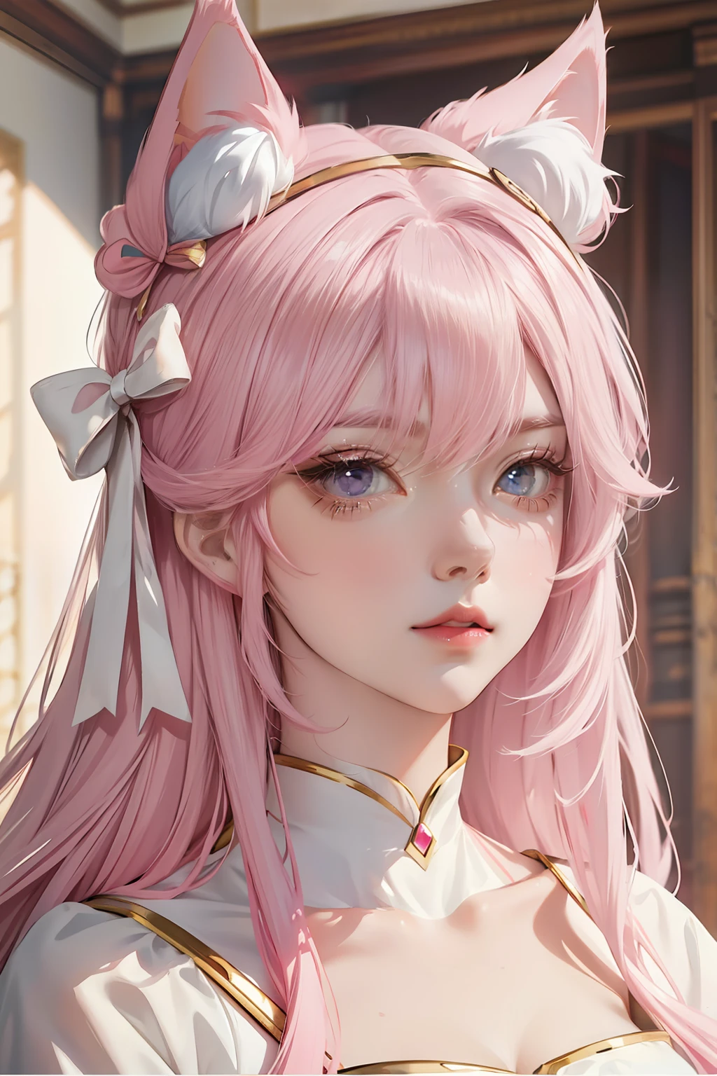 Anime girl pink hair white bow, , Beautiful character painting, , Stunning anime face portrait handsome royal sister cat ears