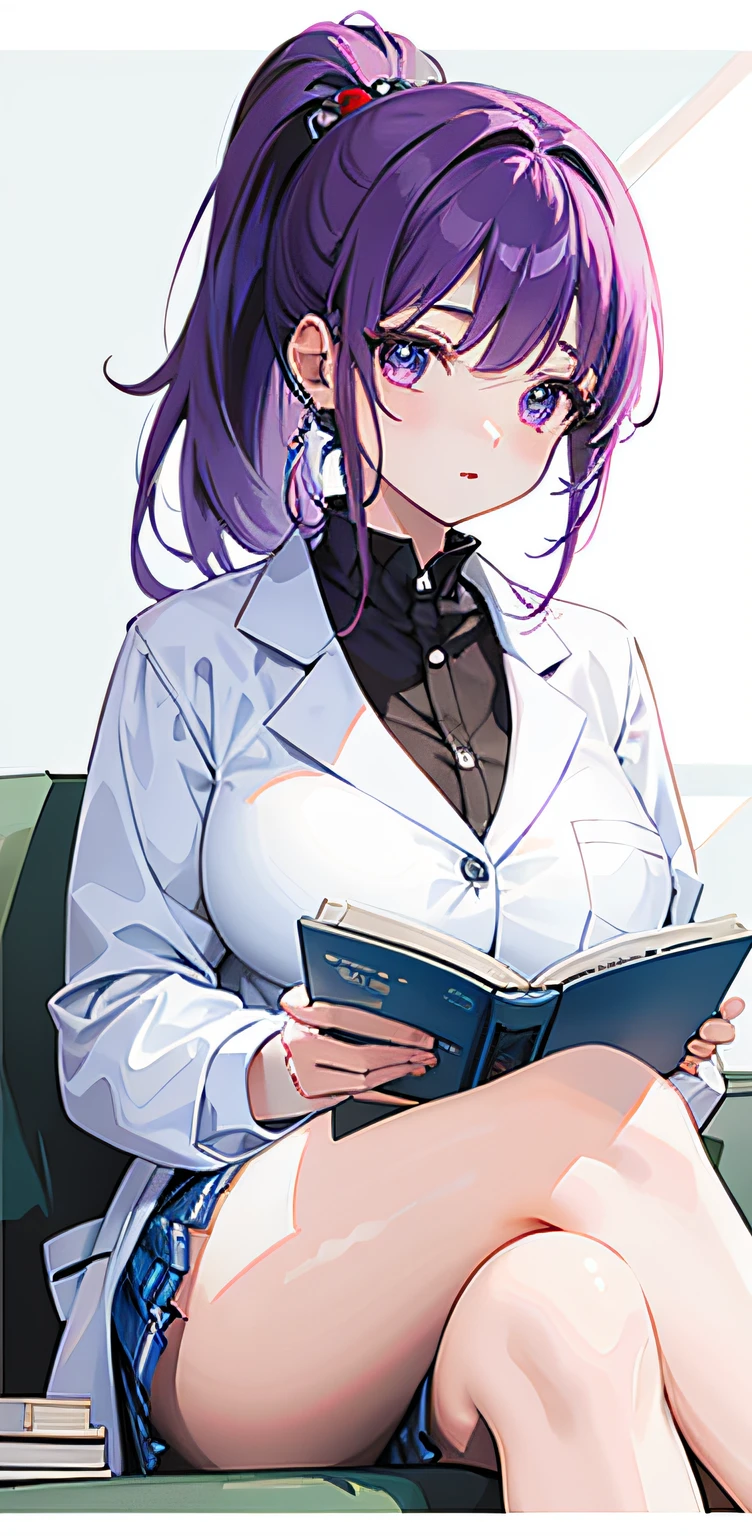 1girl, masterpiece, best quality, extremly detailed, Cinematic lighting, intricate detail, highres, official art, finely detailed beautiful face and eyes, high resolution illustration, 8k, dark intense shadows, overexposure, long hair, ahoge, purple hair, blue eyes,  lab coat, white coat, open coat, black sweater,huge breasts, sitting on chair, table, beaker, scientist, lab, hands in pocket, book stack, sunshine, upper body, close up