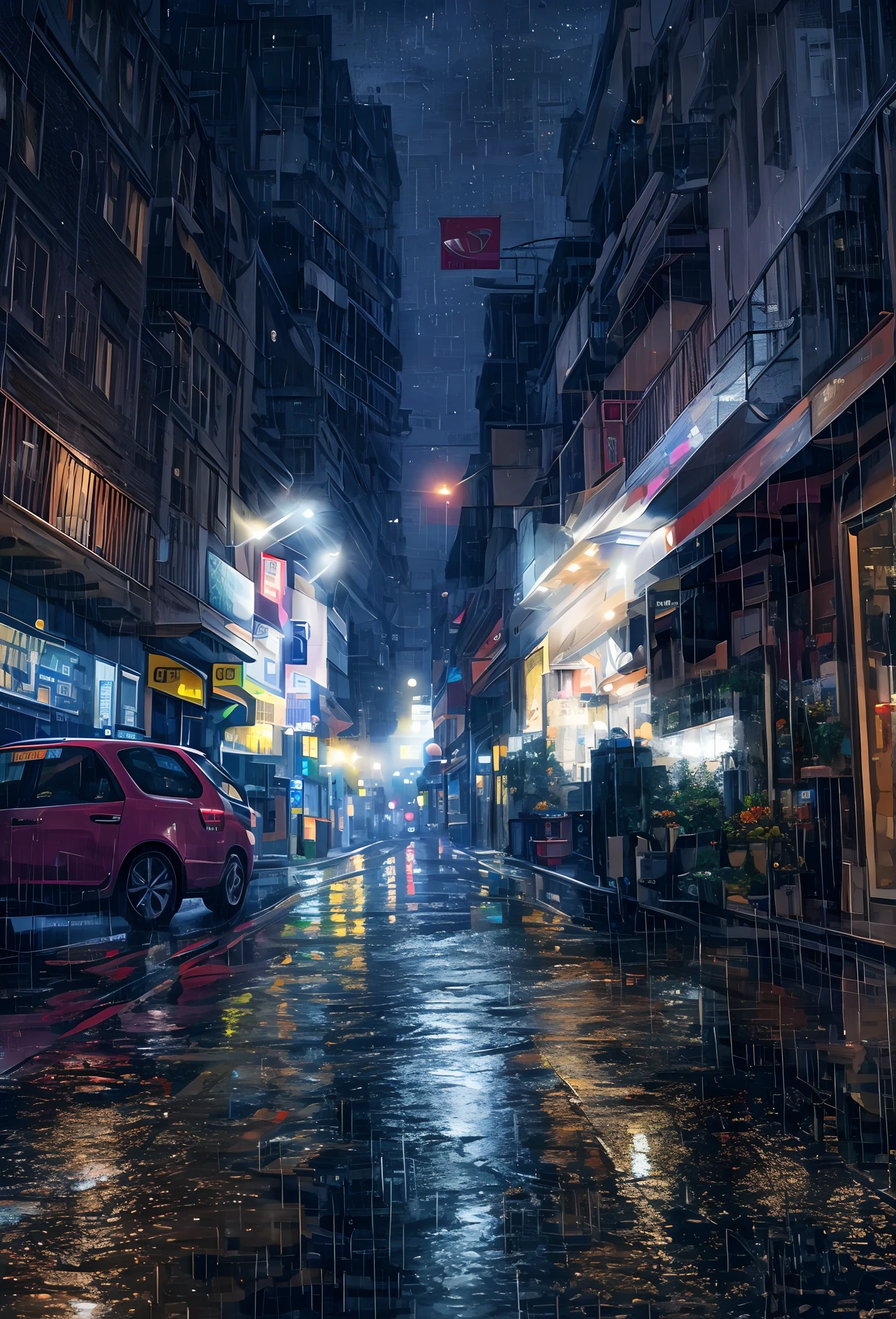 There is a red car driving down a city street at night - SeaArt AI