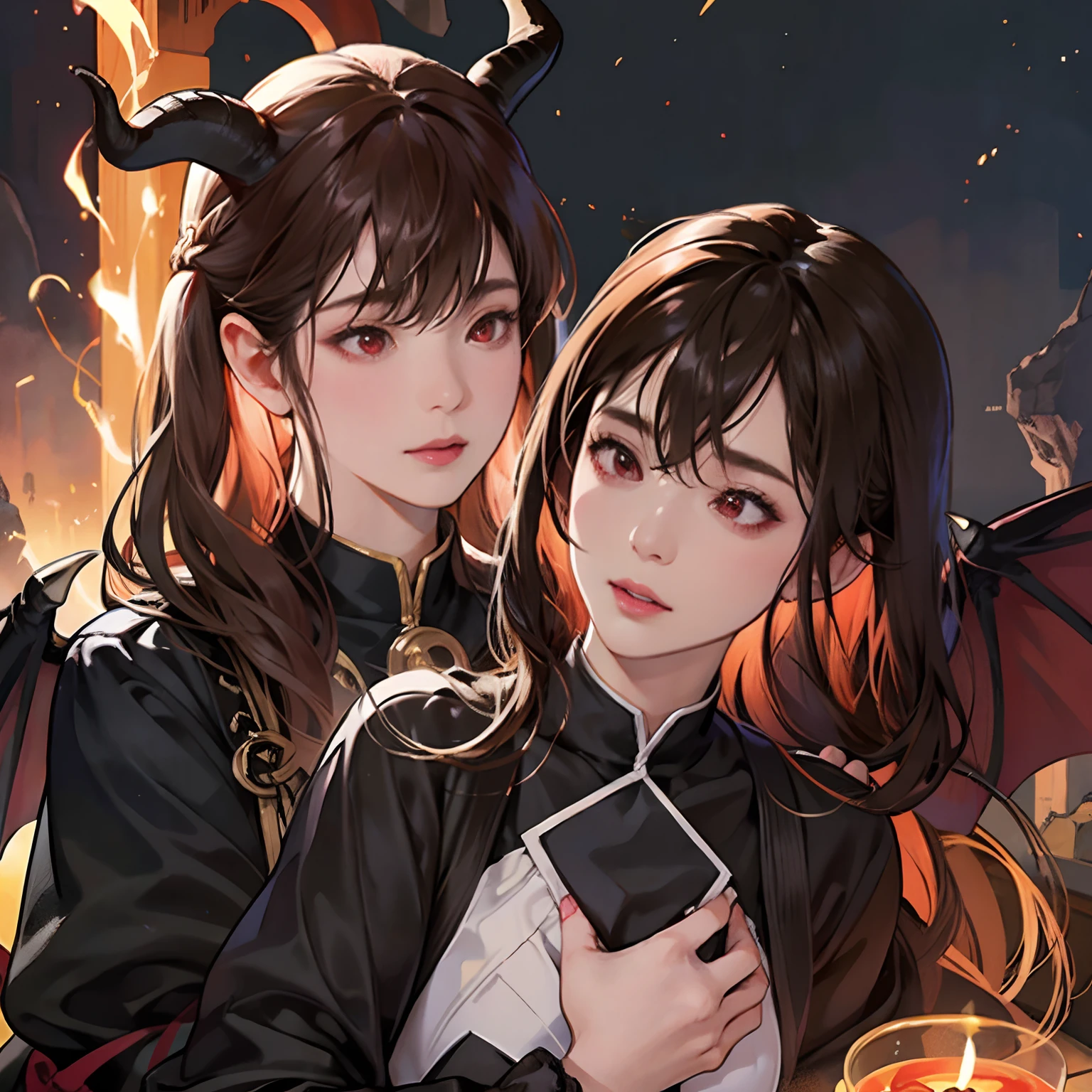 Women in Their 20s, 独奏, offcial art, unity 8k wall paper, ultra-detailliert, beautifly、Aesthetic, ​masterpiece, top-quality, Photorealsitic, a female demon、Succubus、Goat horns on the head、Braids、red eyes、Long vertical glow、very huge bat wings on the back:2.0、Black bat wings、Bondage costumes、Collar with a leash、Has a heavy huge sickle、depth of fields, Fantastic atmosphere, Calm palette, tranquil mood, Soft shading、Heavy dark clouds and lightning、Desolate landscape、Rock Mountain、cliff、Pillar of Fire、Sparks fly、A flock of bats in the sky、bbw、very large breast、plump figure、dark themed、flame magic