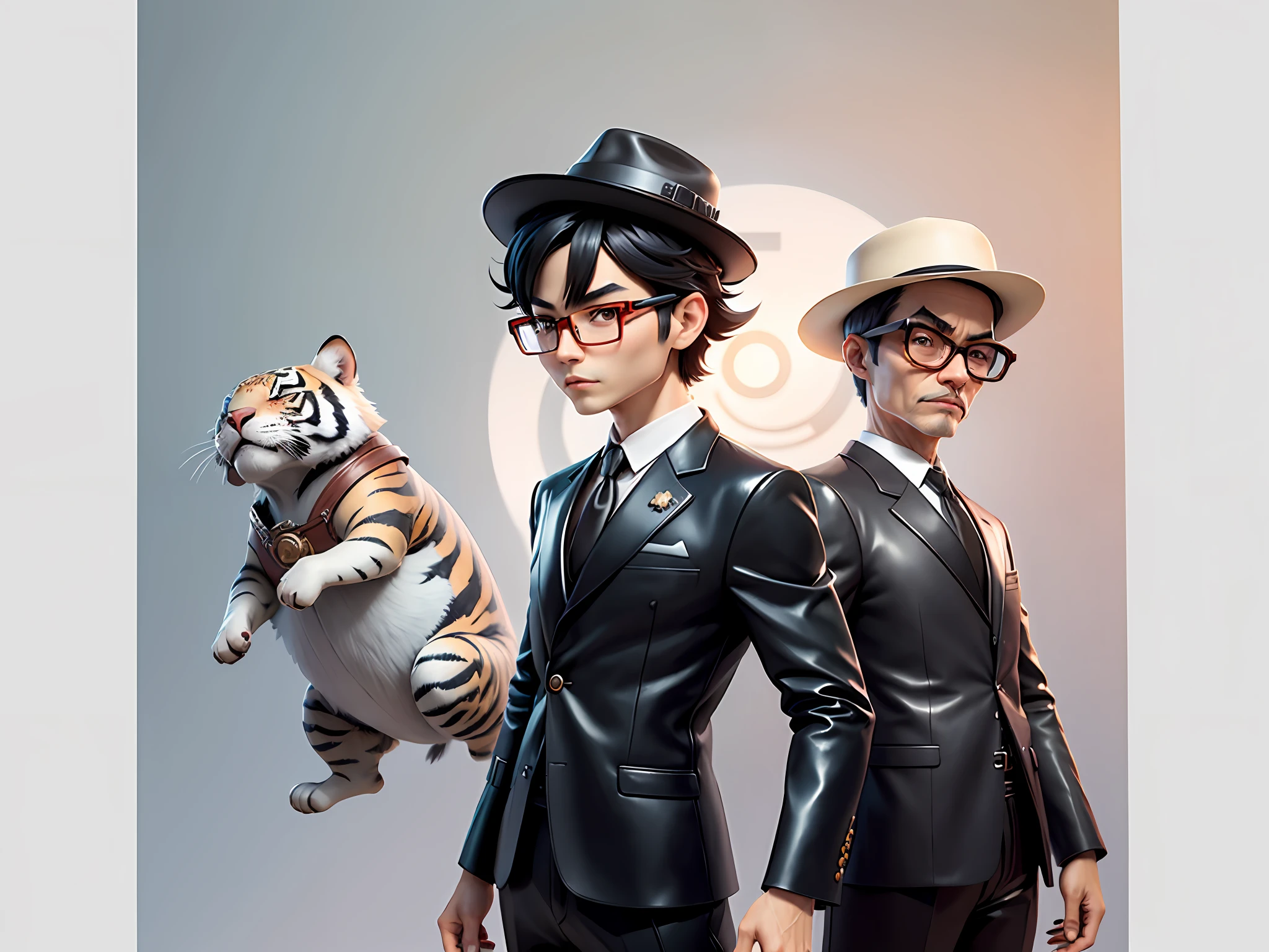 Young man with oriental face in leather hat, tiger, oriental face in formal suit, short black hair, silver glasses, digital painting, 3D character design by Mark Clairedon and Pixar and Hayao Miyazaki and Akira Toriyama, the illustration is a high-definition illustration in 4K resolution with very detailed facial features and cartoon-style visuals.