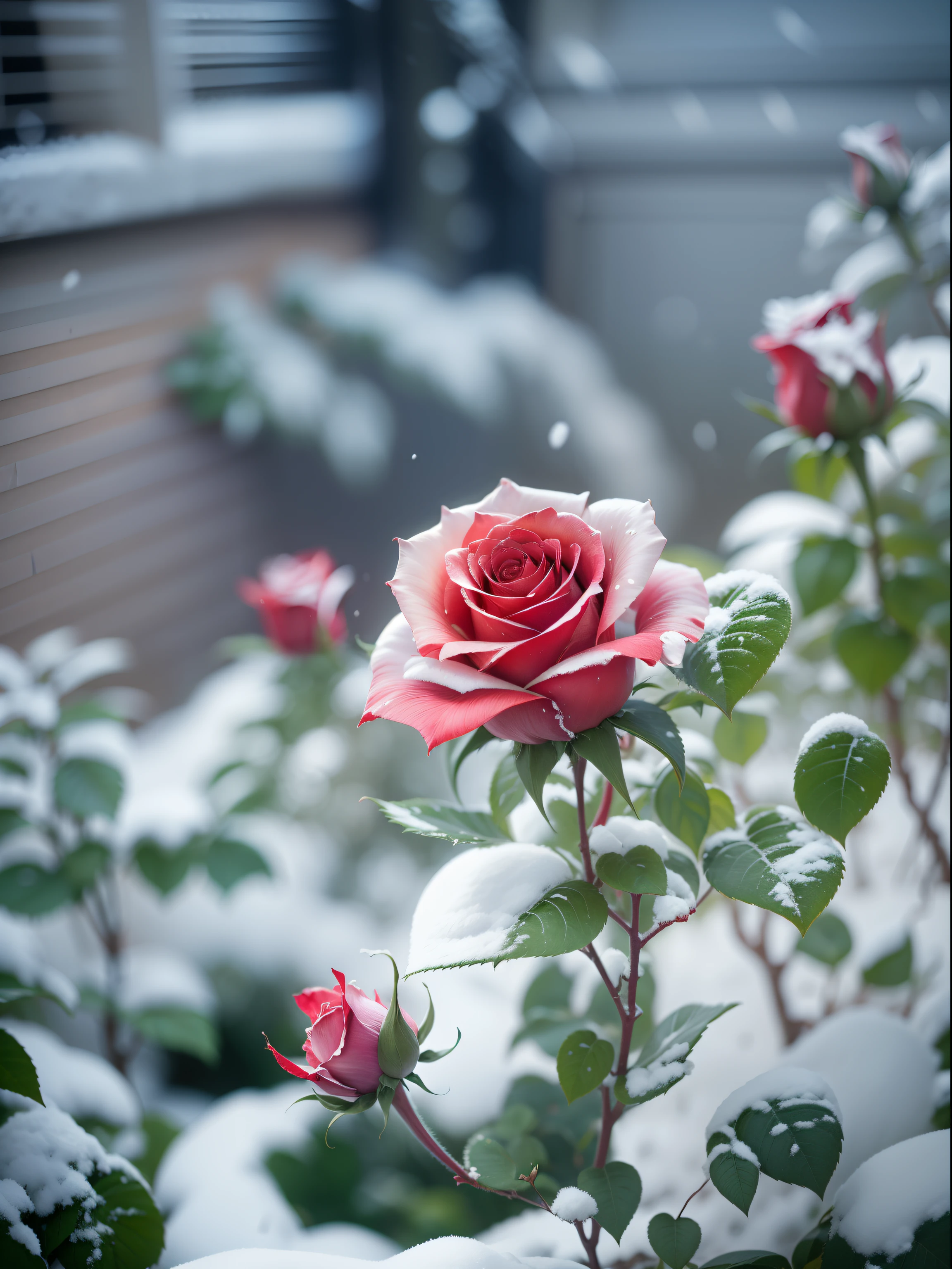 (Enlarge a single rose), Red roses grow on the bushes, Leaves and petals are covered with dust and snow,Shot with Canon 35mm lens, photo of a rose, taken with a pentax k1000, Shot with Pentax 1000, Two 5-mm ports, Shot at Kodak Portra, Rose Twinings, Red Rose, 35mm shot
