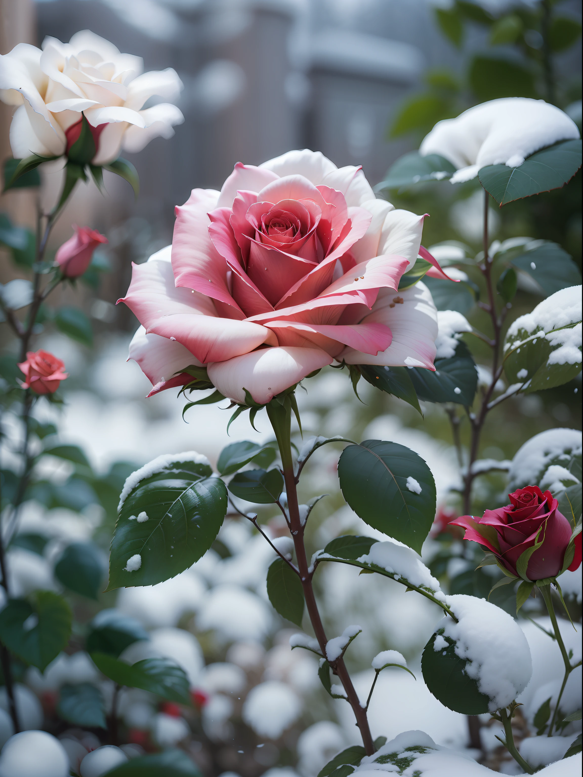 (Enlarge a single rose), Red roses grow on the bushes, Leaves and petals are covered with dust and snow,Shot with Canon 35mm lens, photo of a rose, taken with a pentax k1000, Shot with Pentax 1000, Two 5-mm ports, Shot at Kodak Portra, Rose Twinings, Red Rose, 35mm shot