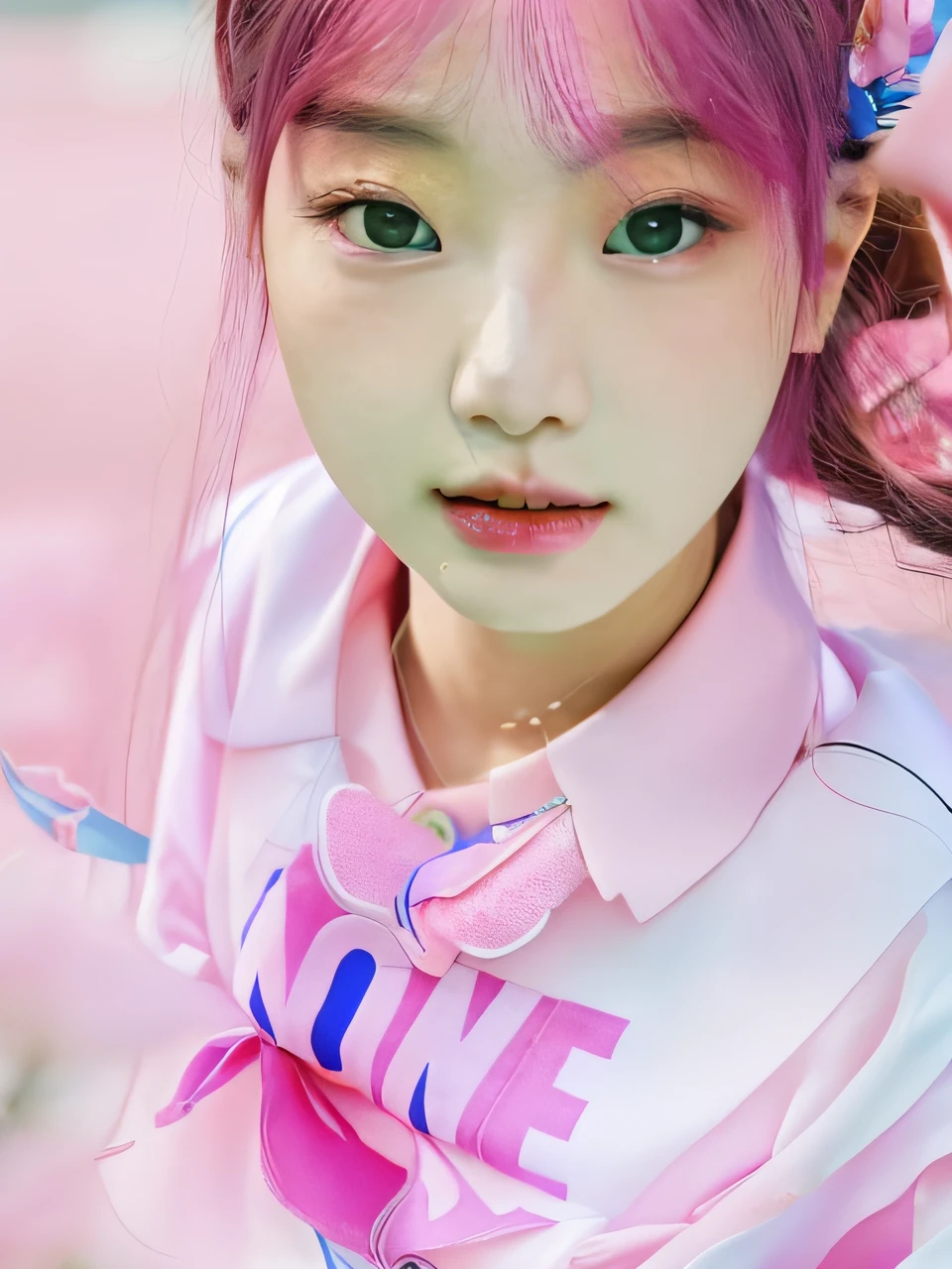 There is a young girl，Wear a pink shirt，There is a blue flower on the hair, some pink, wan adorable korean face, blackpink jennie, Choi Hyun-hwa, young lovely Korean faces, ulzzangs, Korean girl, Gorgeous young Korean woman, taken with sony alpha 9, girl cute-fine face, pink face, roseanne park of blackpink