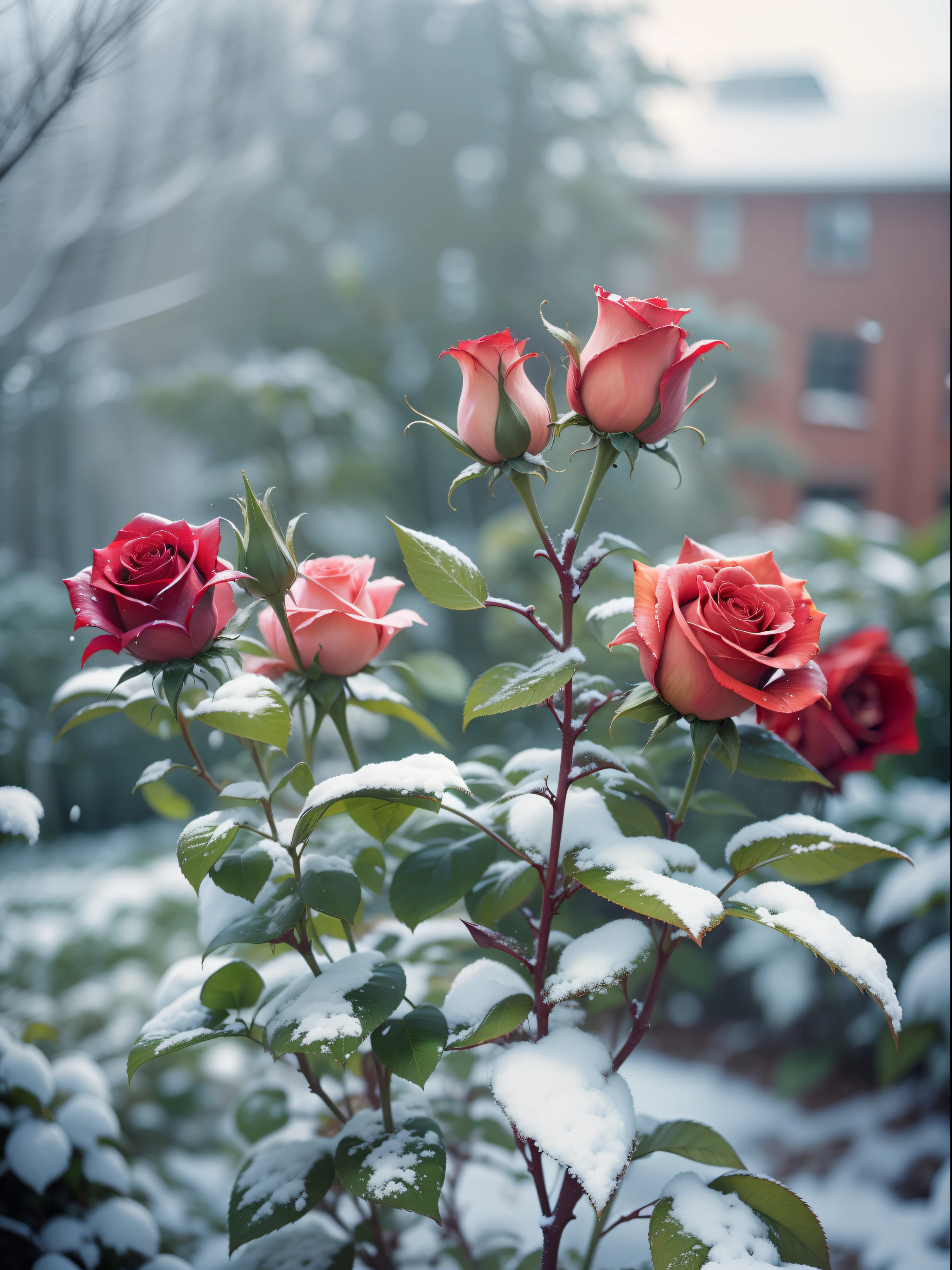 (Enlarge a single rose), Red roses grow on the bushes, Leaves and petals are covered with dust and snow,Shot with Canon 35mm lens, photo of a rose, taken with a pentax k1000, Shot with Pentax 1000, Two 5-mm ports, Shot at Kodak Portra, Rose Twinings, Red Rose, 35mm shot
