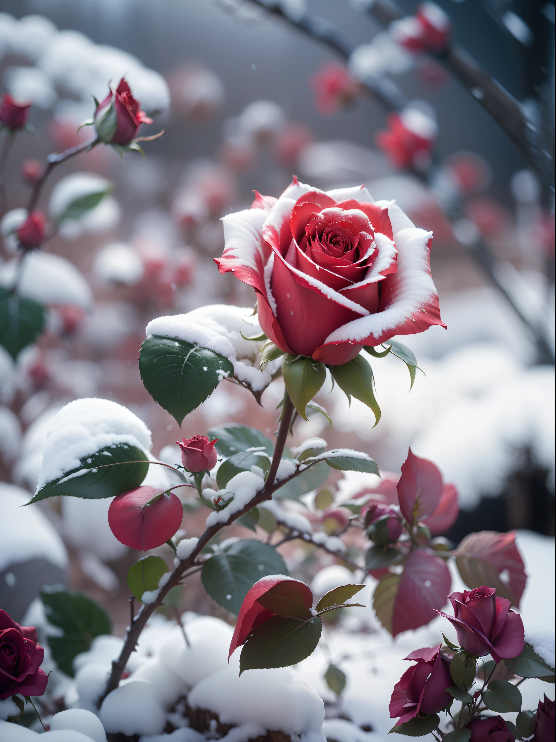 (Enlarge a single rose), Red roses grow on the bushes, Leaves and petals are covered with dust and snow,Shot with Canon 35mm lens, photo of a rose, taken with a pentax k1000, Shot with Pentax 1000, Two 5-mm ports, Shot at Kodak Portra, Rose Twinings, Red Rose, 35mm shot