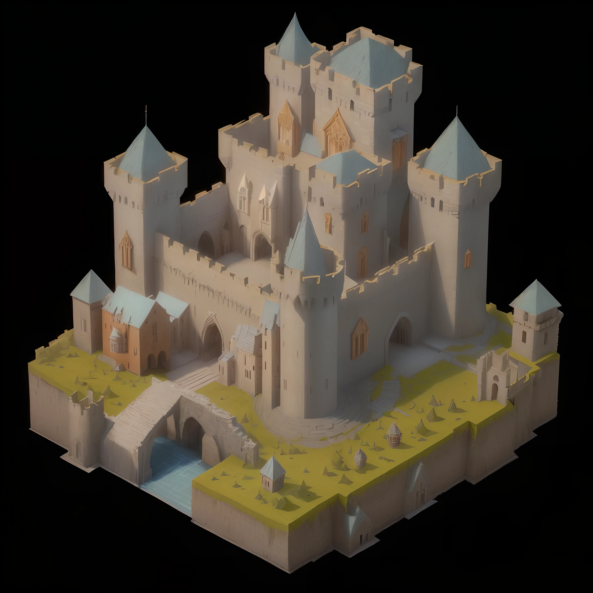 a close up of a castle with a bridge and a tower, high quality art, medieval castle, high fantasy castle,, isometric voxel, low - poly 3 d model, stylized as a 3d render, castle setting, low poly 3d model, fantasy castle, a medieval keep, masterpiece,8k, HD