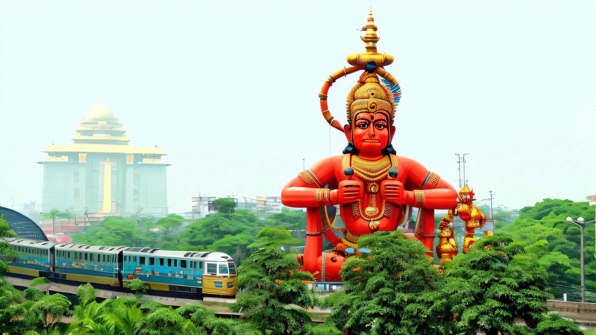 a close up of a statue of a man with a train in the background, hanuman!! head building, kalighat hanuman!! head building, indian god, hindu god, , festivals, surrounding the city, hindu gods, from ramayan,